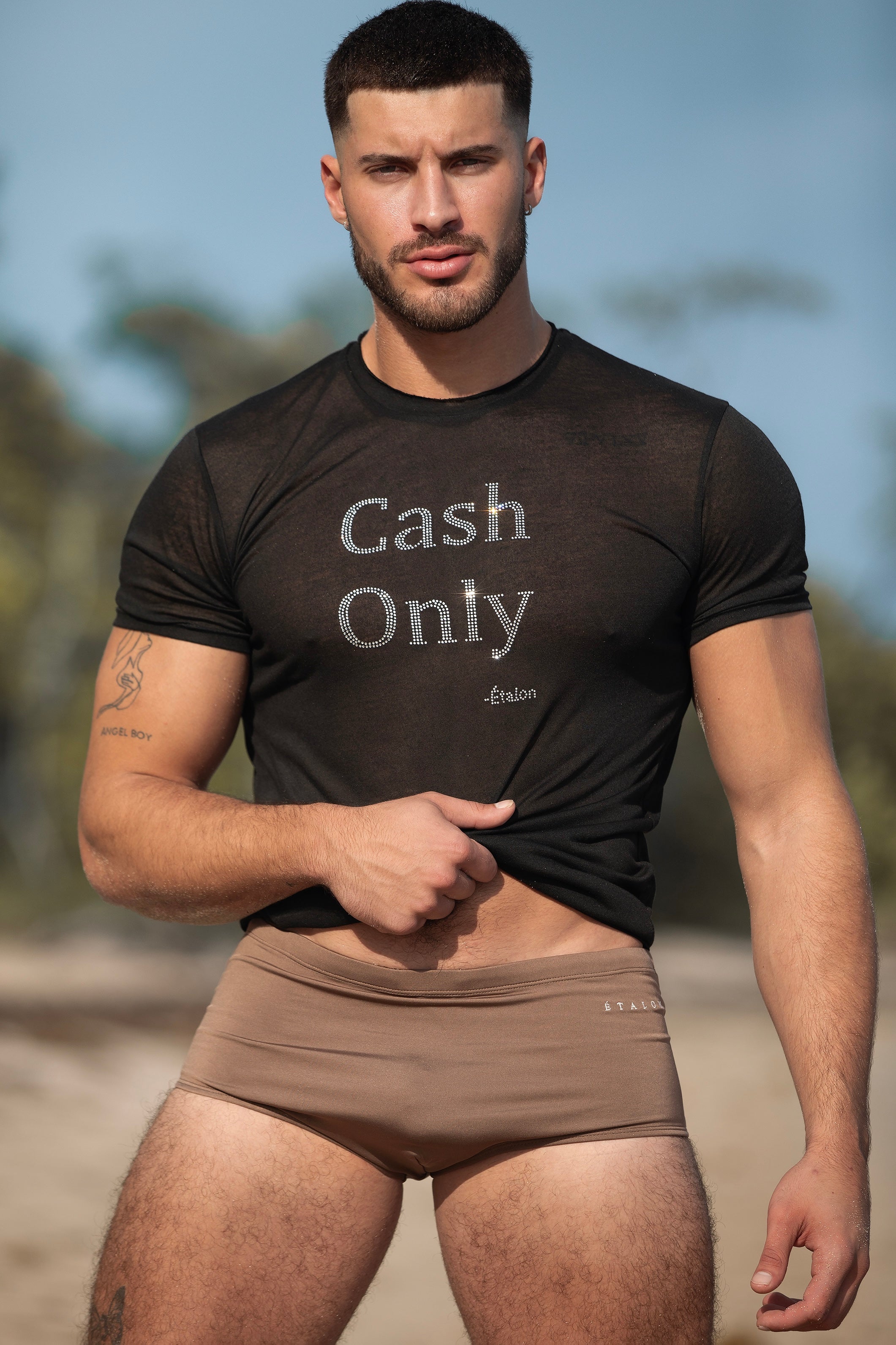 Etalon Crystal Cash Only Tee raw crew neck detail — body-forming fit