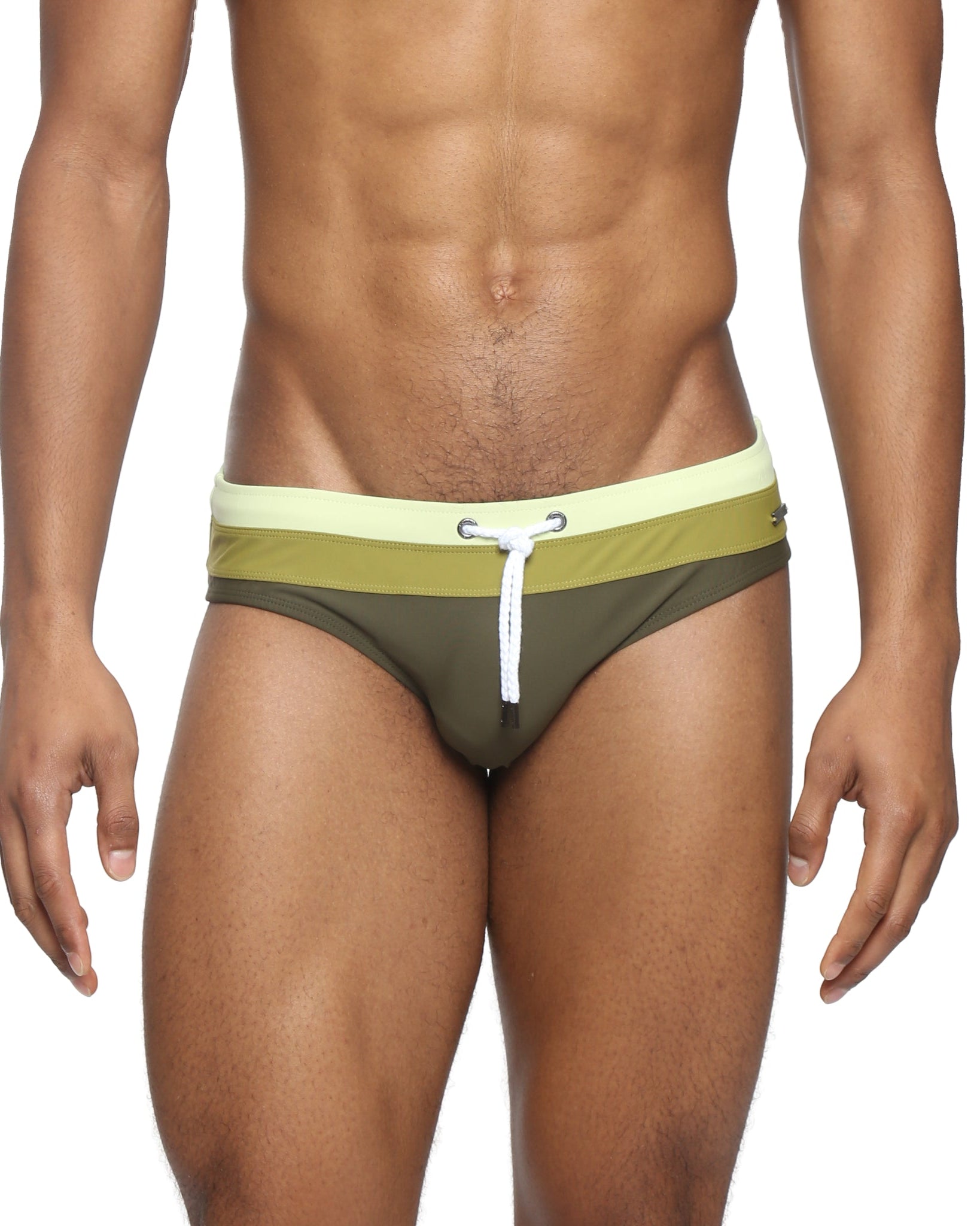 Parke & Ronen Army Green Meridian Swim Brief - men's low-rise swim brief in army green, front view