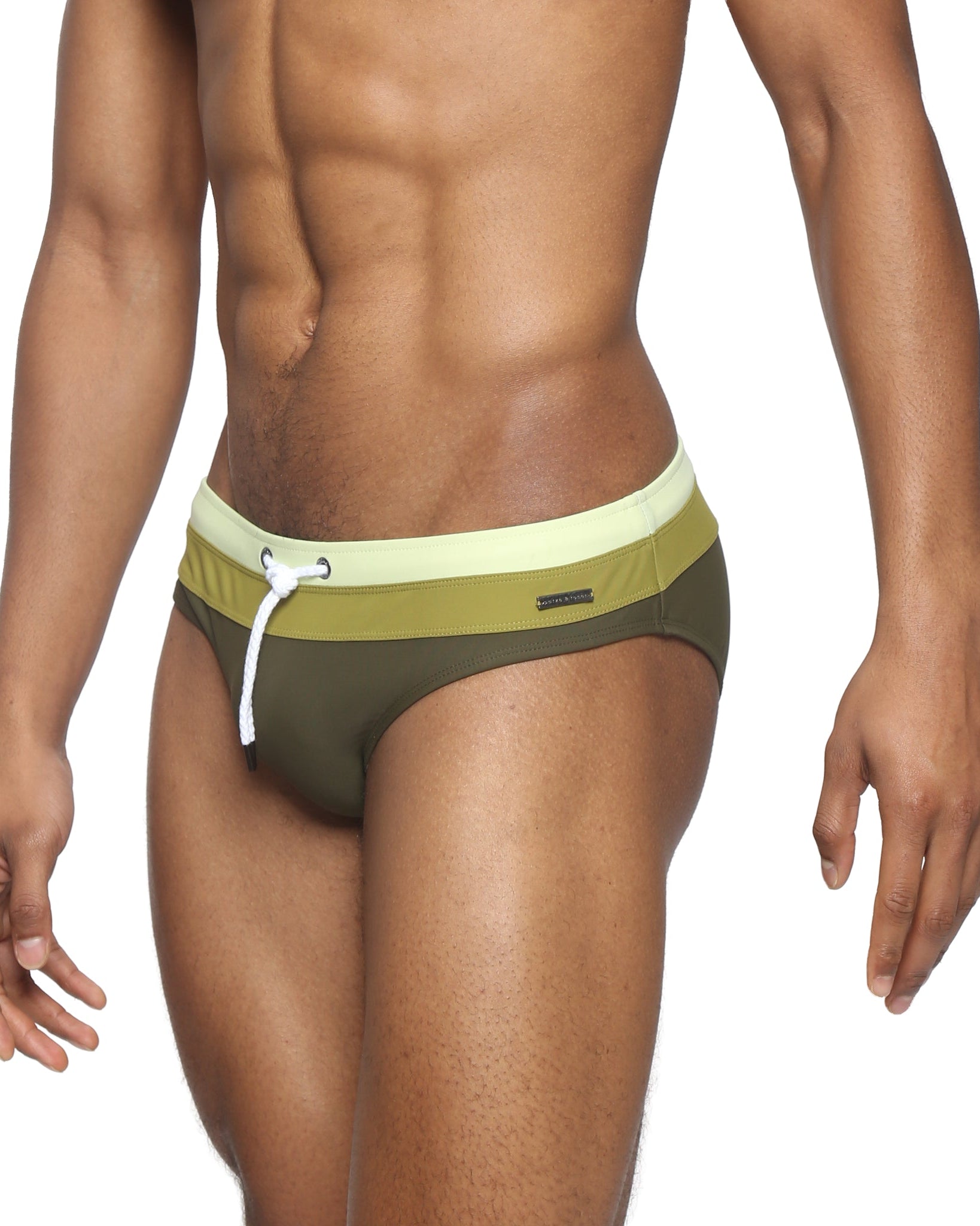 Parke & Ronen Army Green Meridian Swim Brief - men's low-rise swim brief in army green, side view