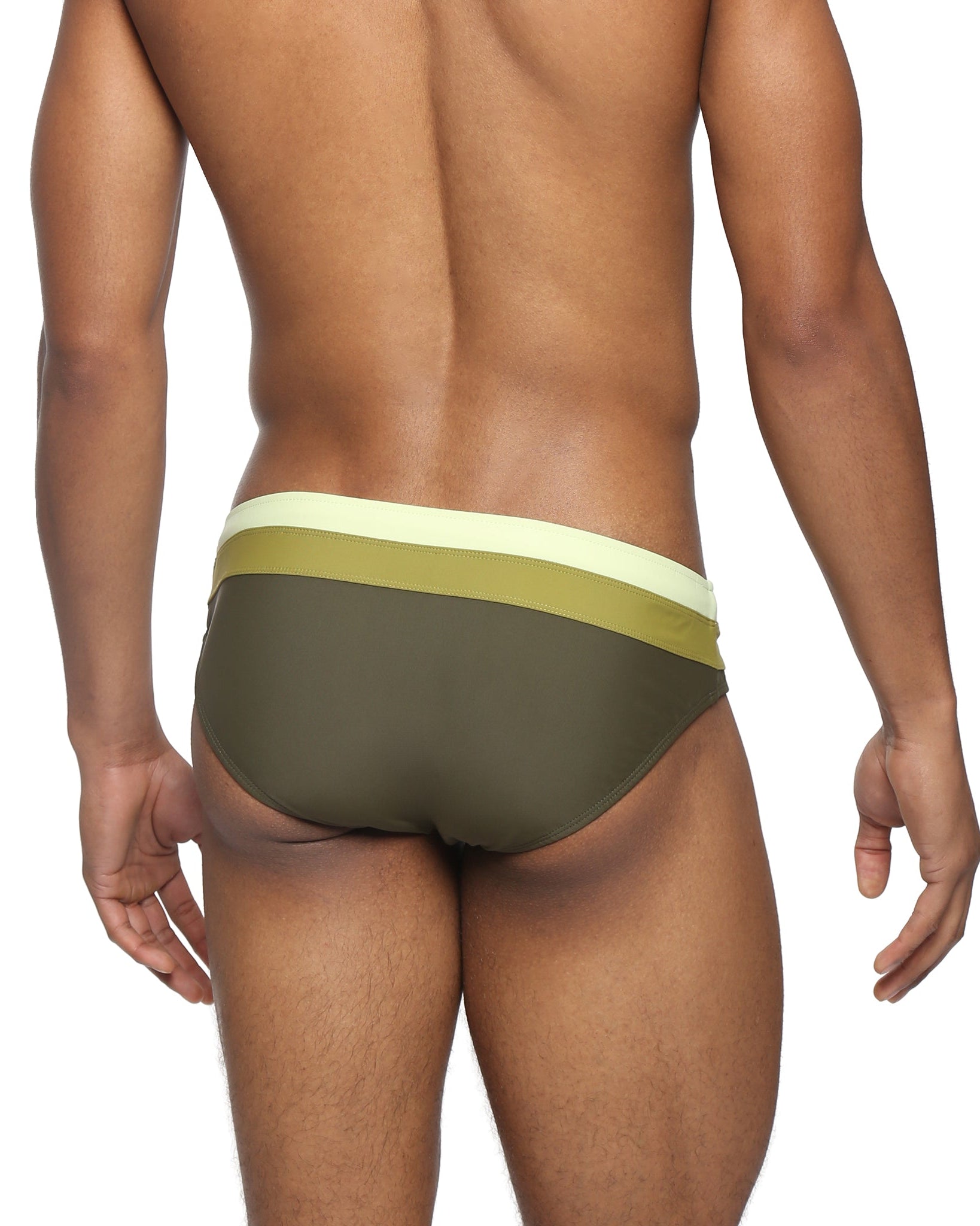 Parke & Ronen Army Green Meridian Swim Brief - men's low-rise swim brief in army green, back view