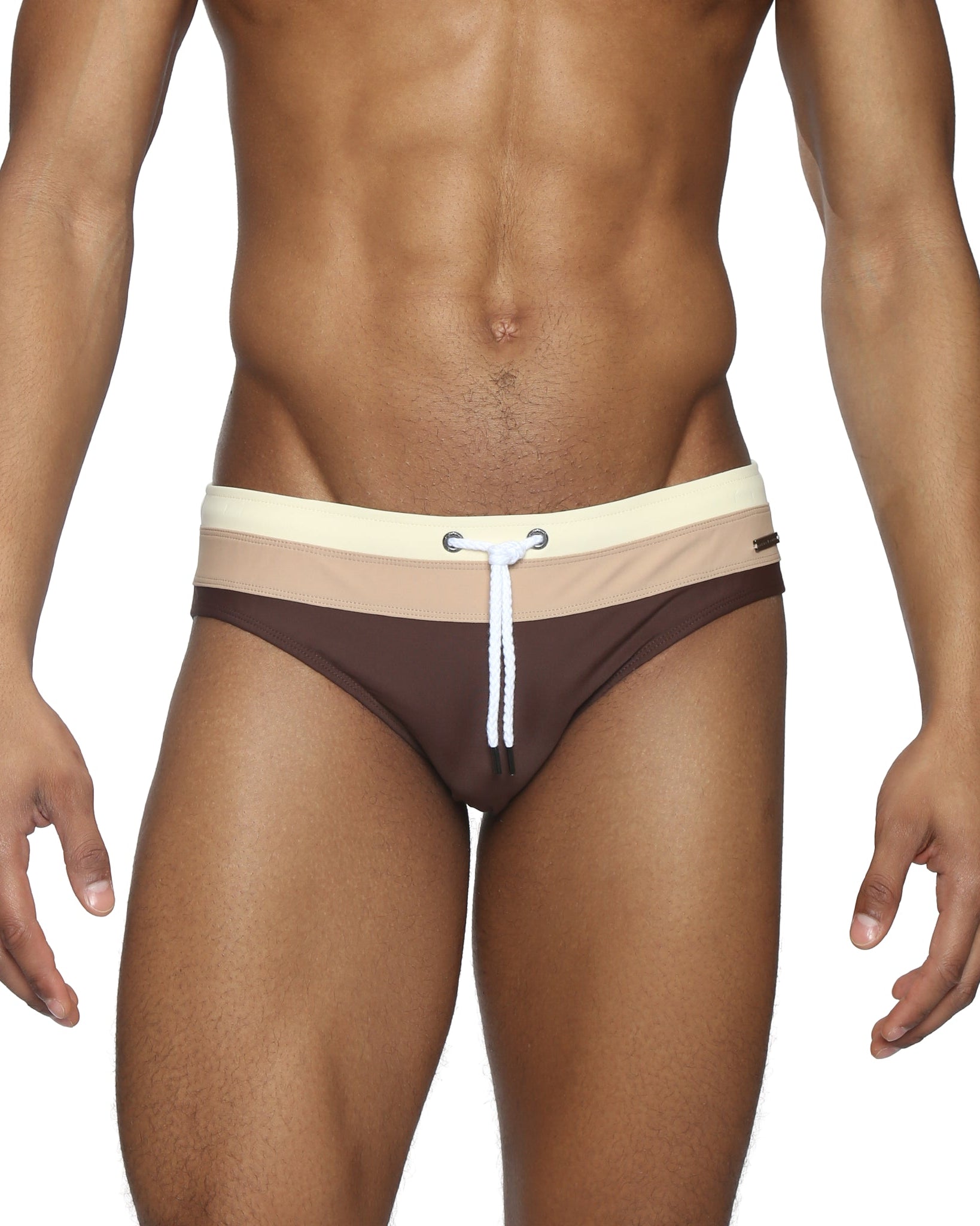 Parke & Ronen Coffee Meridian Swim Brief - men's low-rise swim brief in coffee, front view