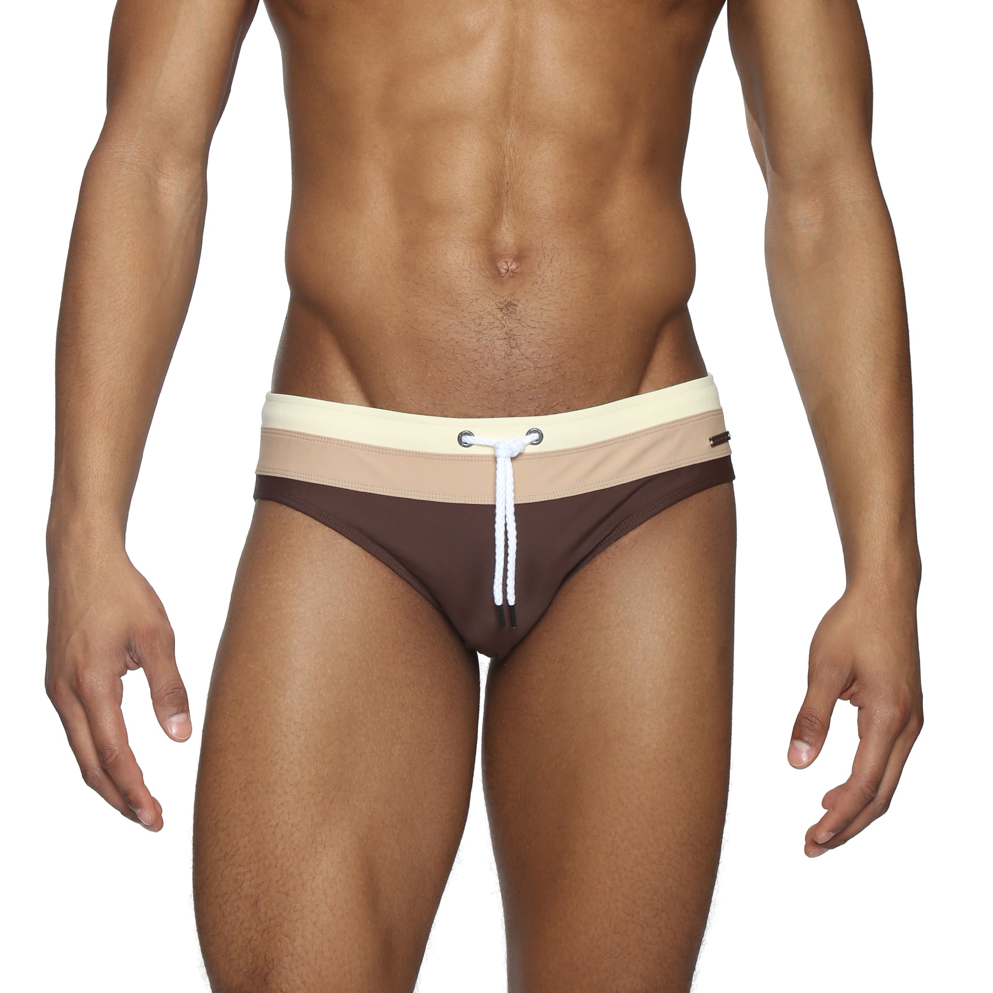 Parke & Ronen Coffee Meridian Swim Brief - men's low-rise swim brief in coffee, front view