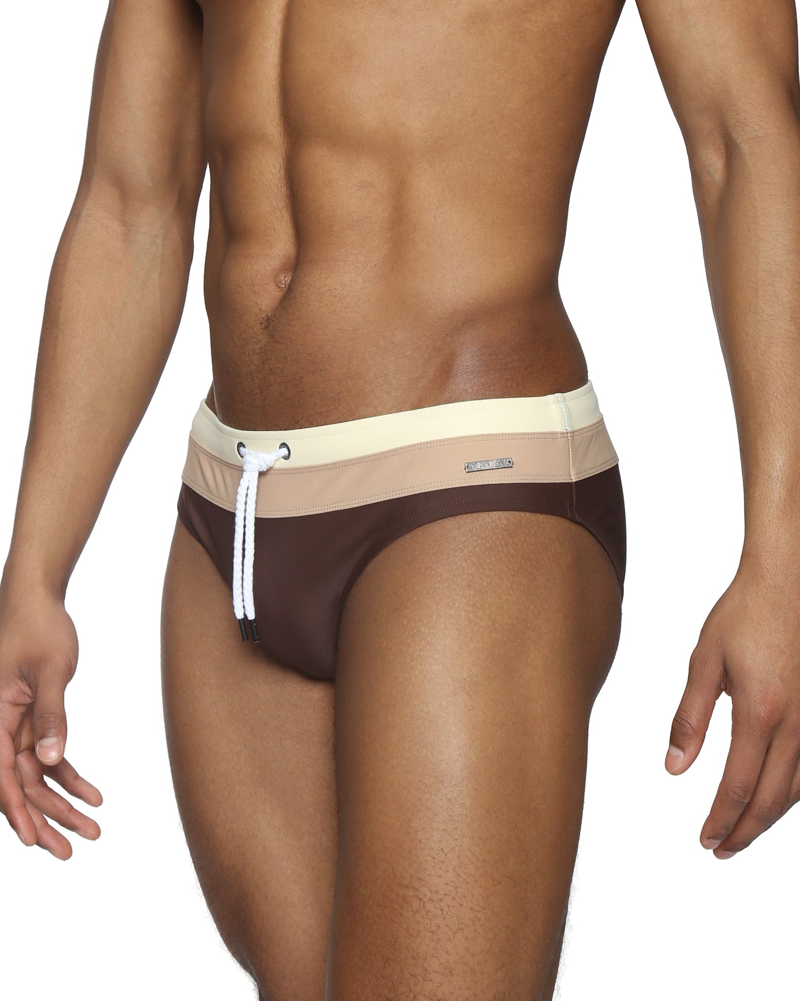 Parke & Ronen Coffee Meridian Swim Brief - men's low-rise swim brief in coffee, side view