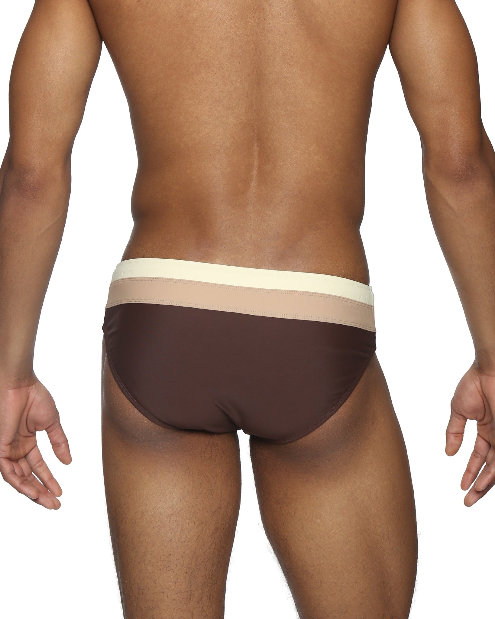 Parke & Ronen Coffee Meridian Swim Brief - men's low-rise swim brief in coffee, back view