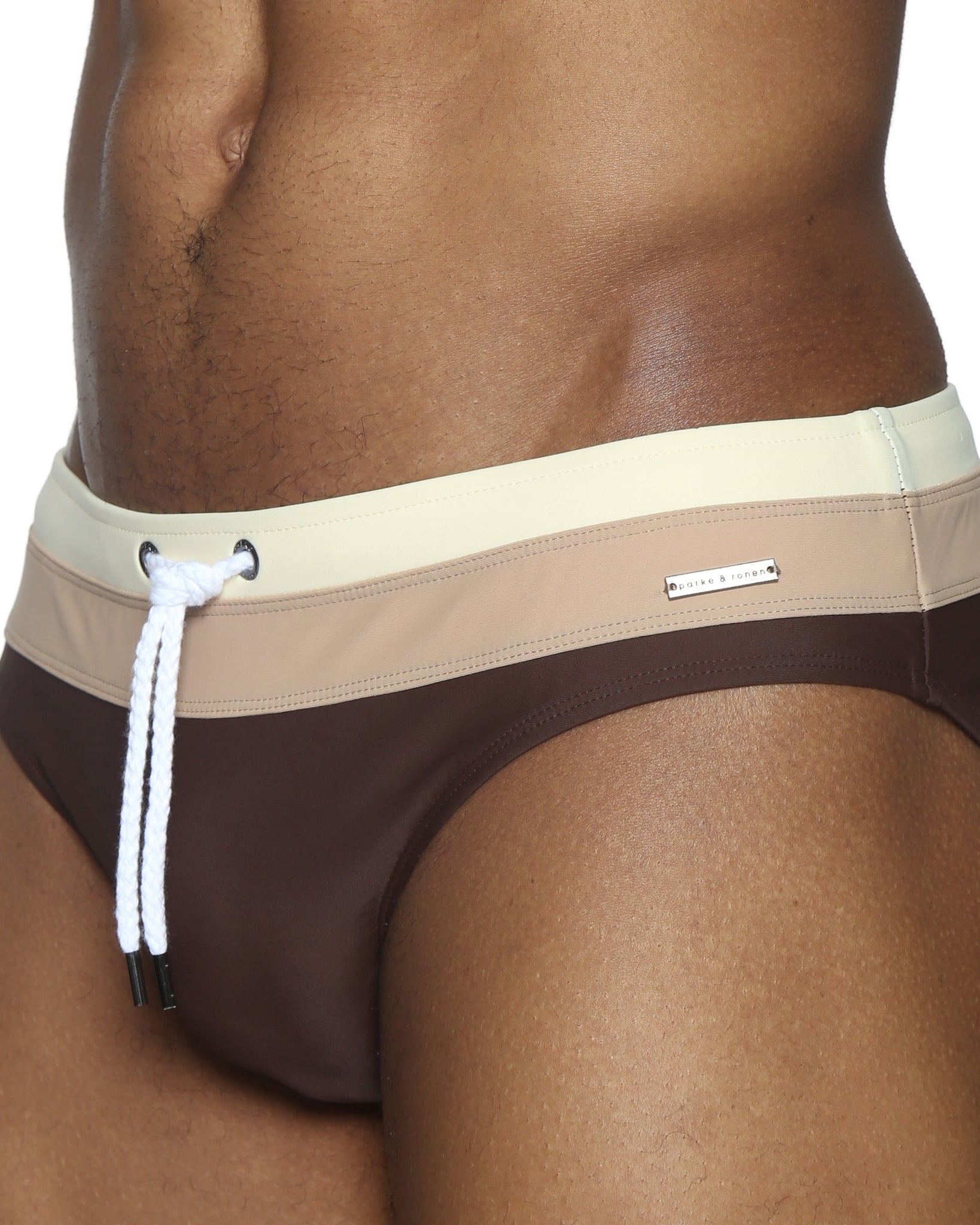 Parke & Ronen Coffee Meridian Swim Brief - men's low-rise swim brief in coffee, detail view