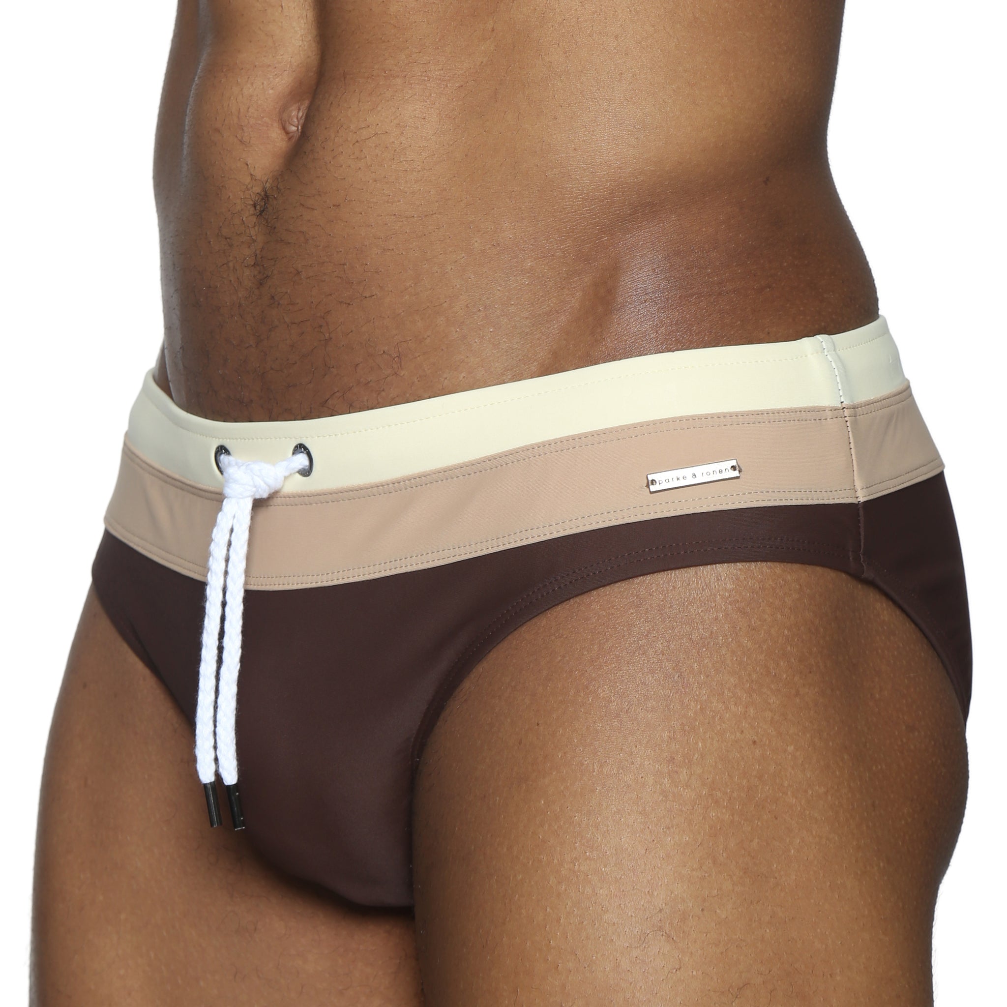 Parke & Ronen Coffee Meridian Swim Brief - men's low-rise swim brief in coffee, detail view
