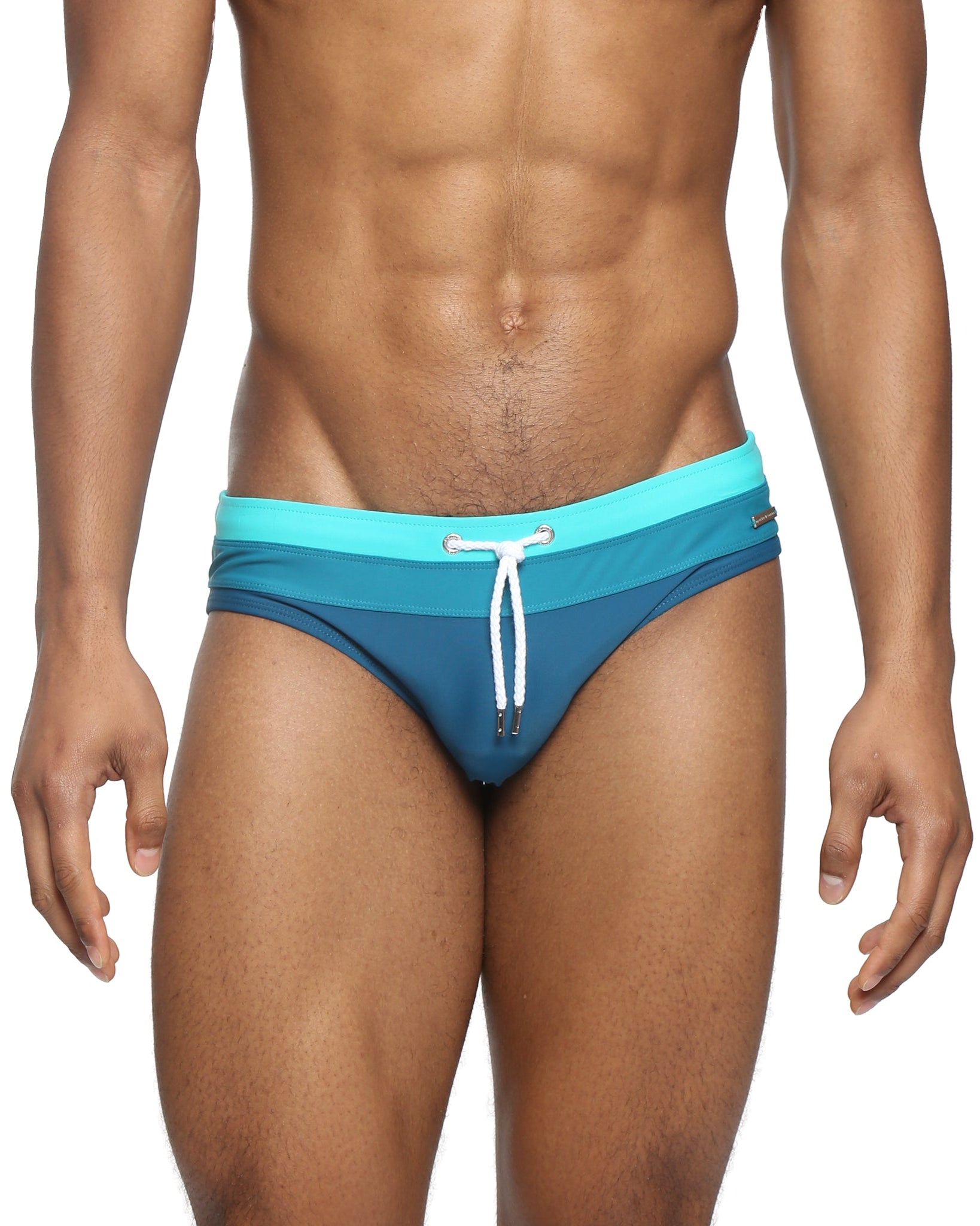 Parke & Ronen Teal Meridian Swim Brief - men's low-rise swim brief in teal, front view