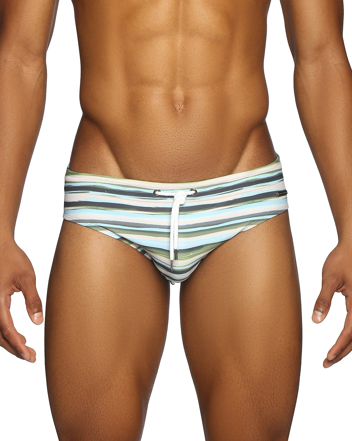 Parke & Ronen Horizon Stripe Green Meridian Bikini - mens swim briefs front view