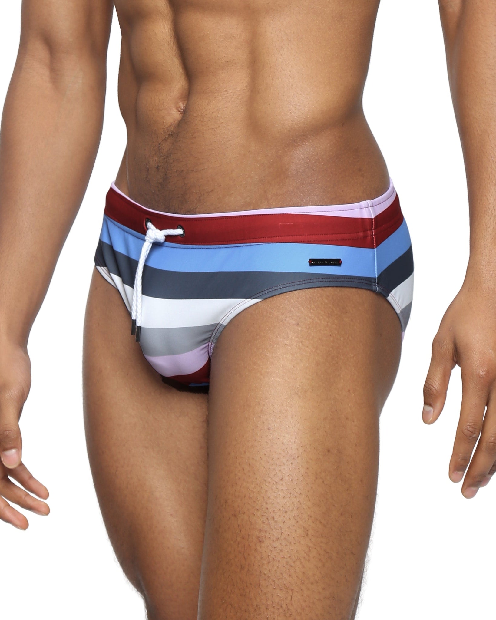 Parke & Ronen Maroon Ischia Meridian Swim Brief - men's low-rise swim brief in maroon ischia, side view