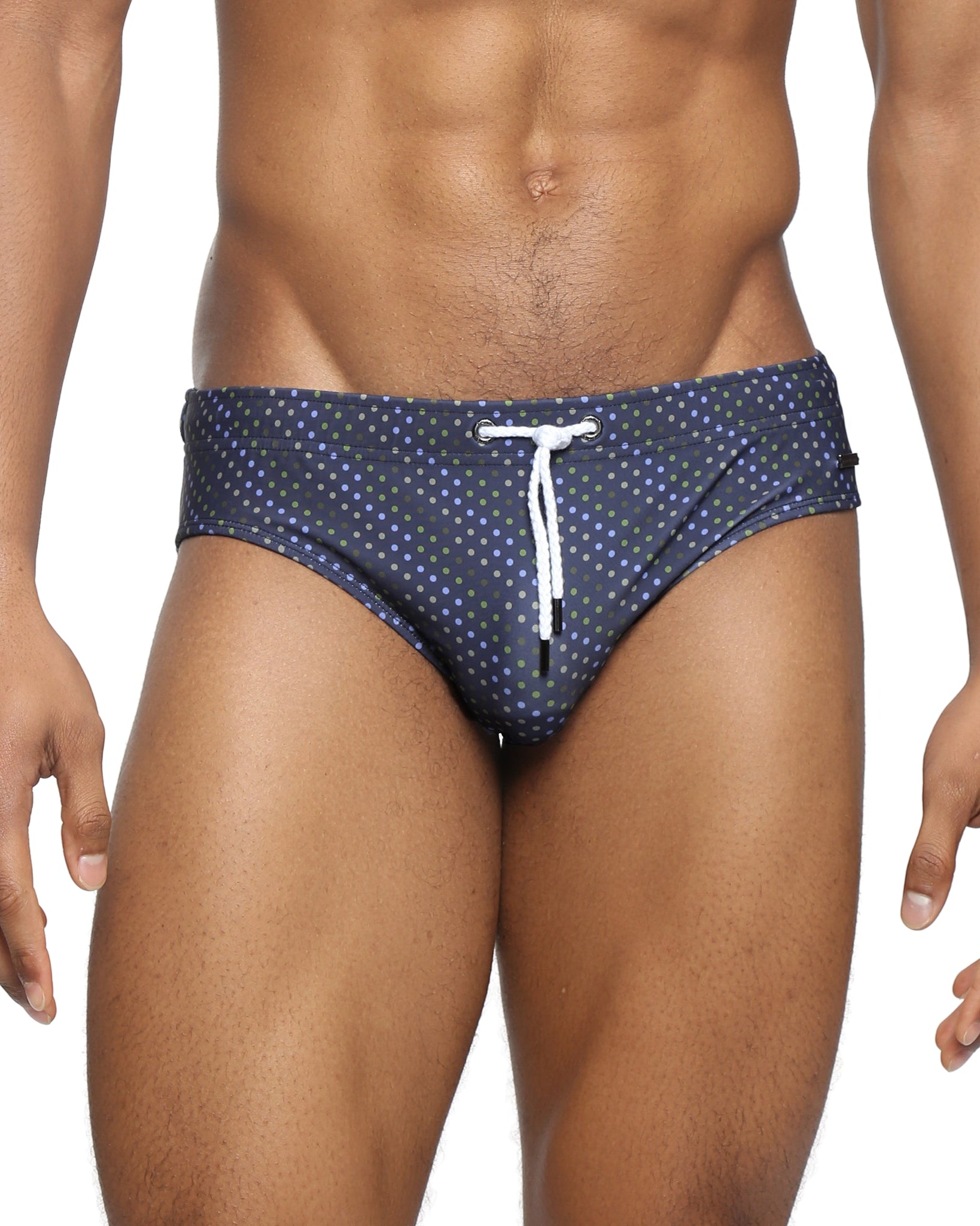 Parke & Ronen Navy Cascade Meridian Swim Brief - men's low-rise swim brief in navy cascade, front view