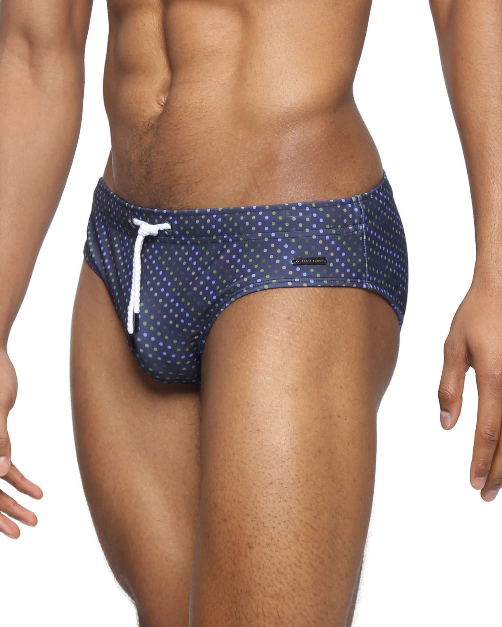 Parke & Ronen Navy Cascade Meridian Swim Brief - men's low-rise swim brief in navy cascade, side view
