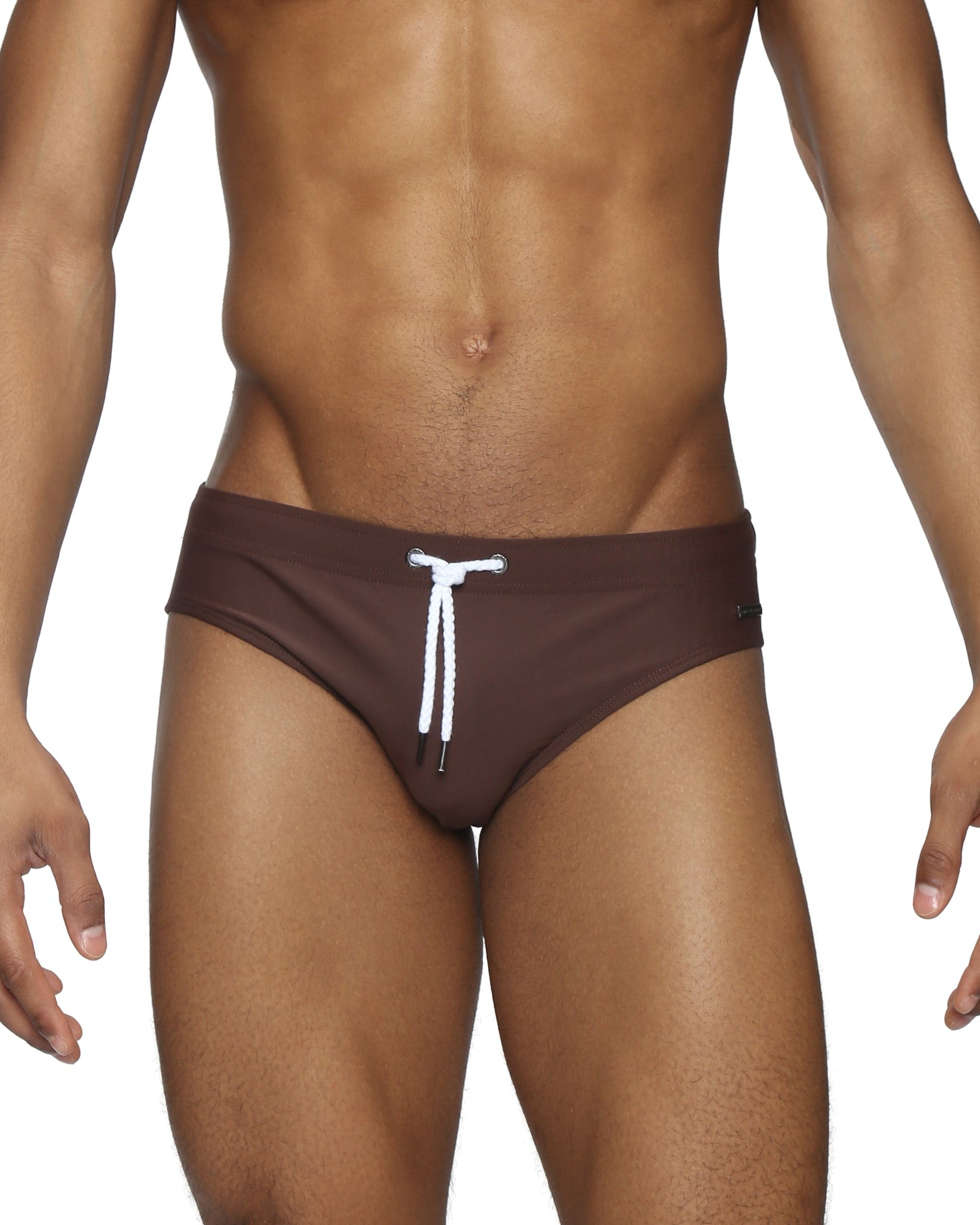 Parke & Ronen Chocolate Meridian Swim Brief - men's low-rise swim brief in chocolate, front view