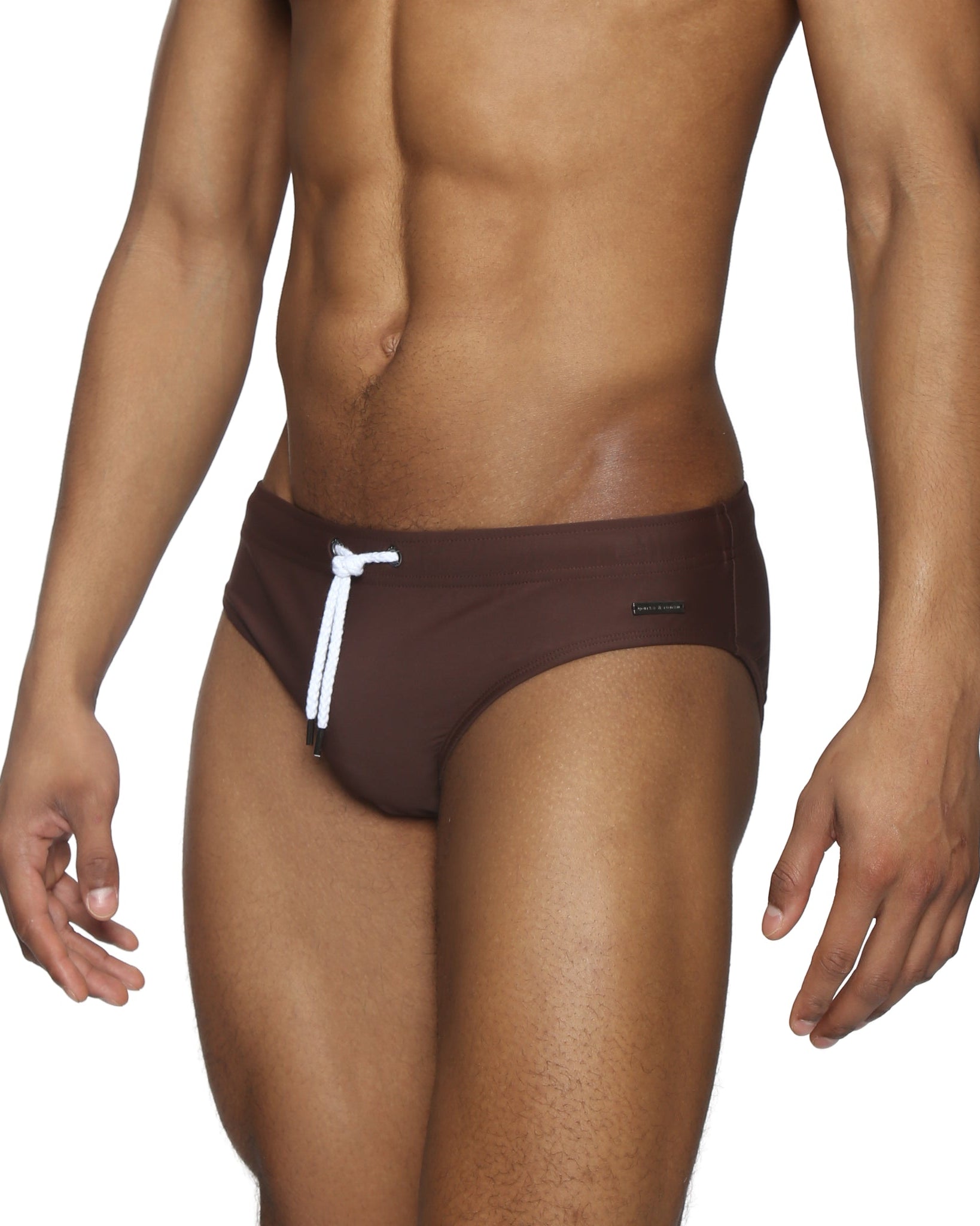Parke & Ronen Chocolate Meridian Swim Brief - men's low-rise swim brief in chocolate, side view