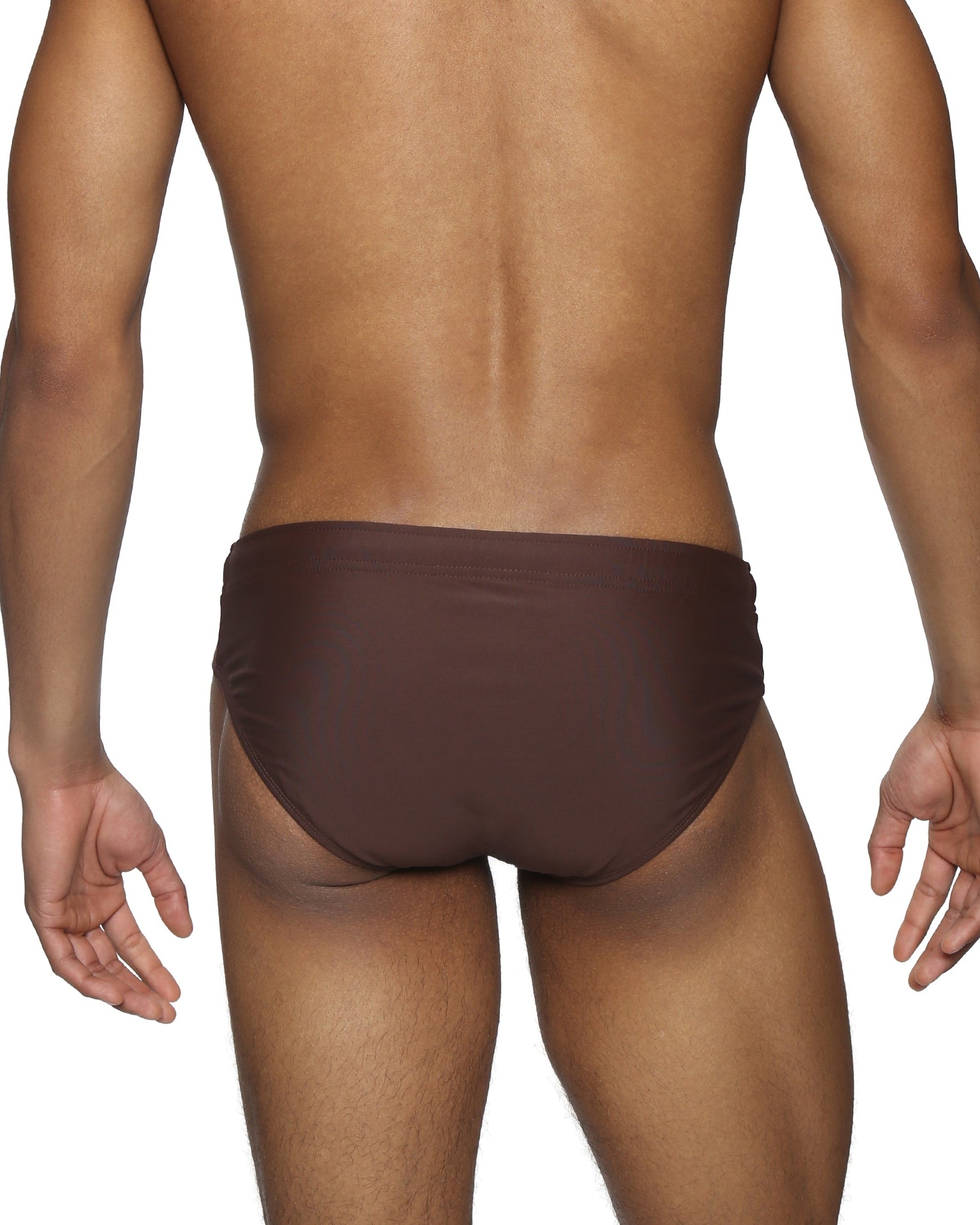 Parke & Ronen Chocolate Meridian Swim Brief - men's low-rise swim brief in chocolate, back view
