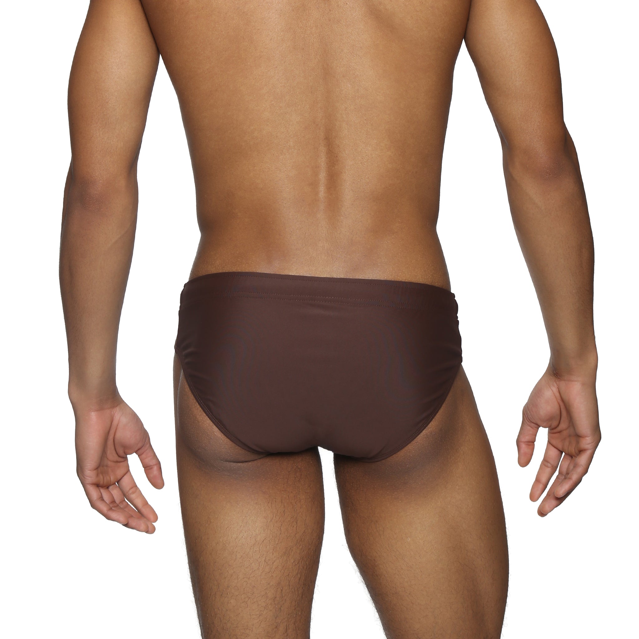 Parke & Ronen Chocolate Meridian Swim Brief - men's low-rise swim brief in chocolate, back view