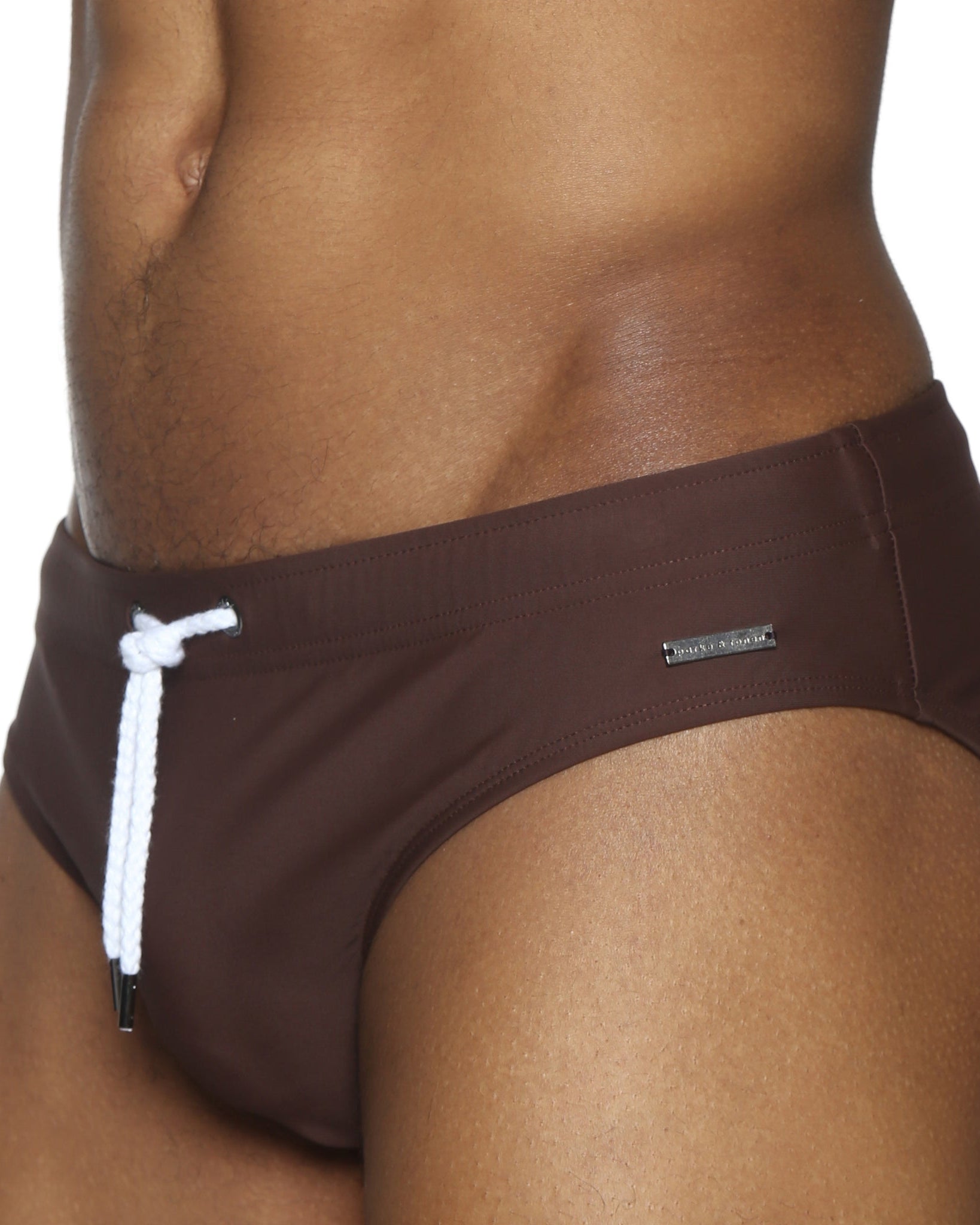 Parke & Ronen Chocolate Meridian Swim Brief - men's low-rise swim brief in chocolate, detail view