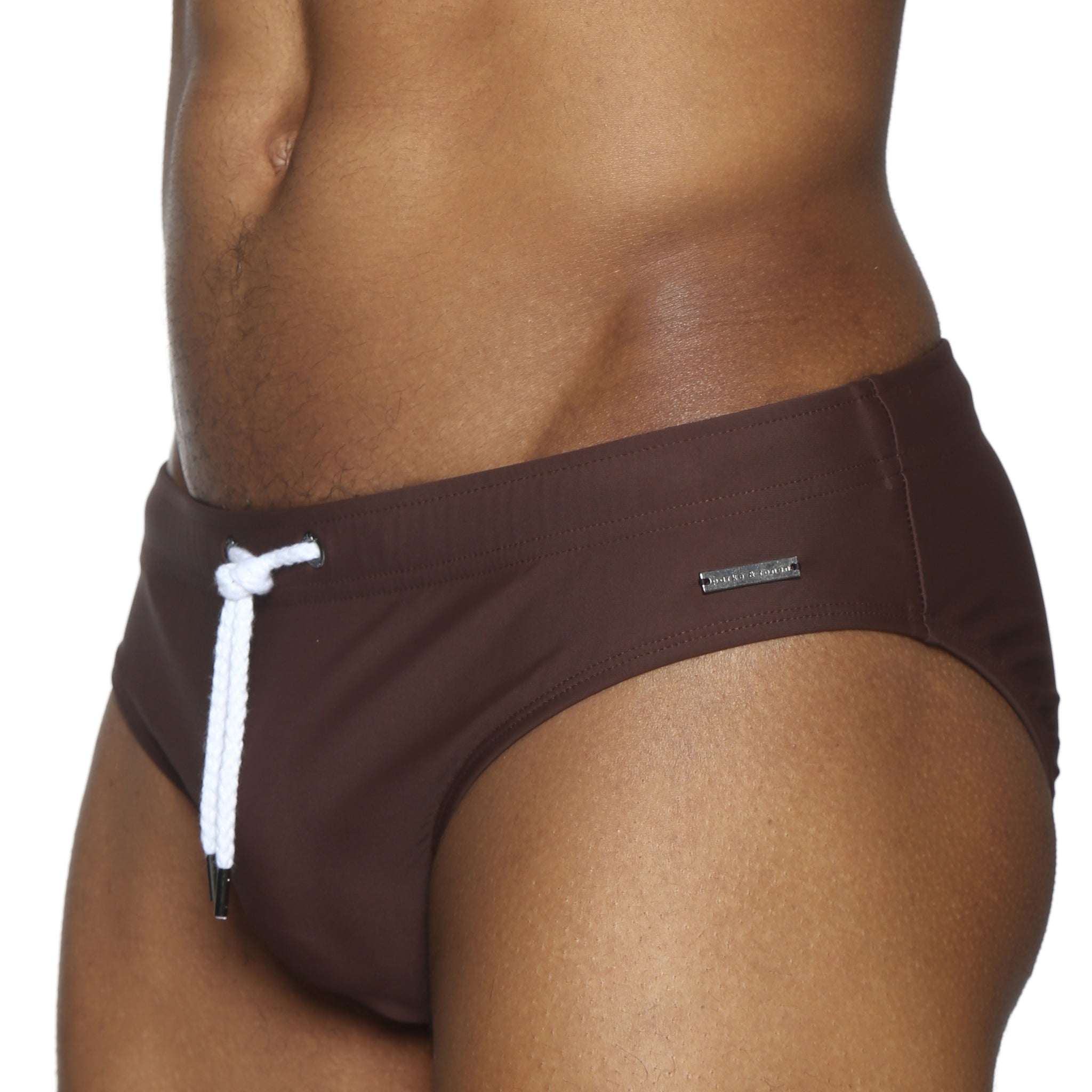 Parke & Ronen Chocolate Meridian Swim Brief - men's low-rise swim brief in chocolate, detail view