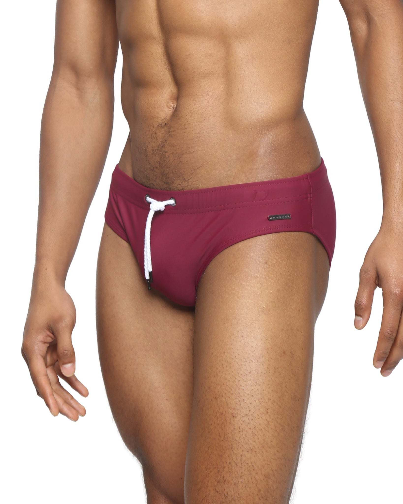 Parke & Ronen Garnet Meridian Swim Brief - men's low-rise swim brief in garnet, side view
