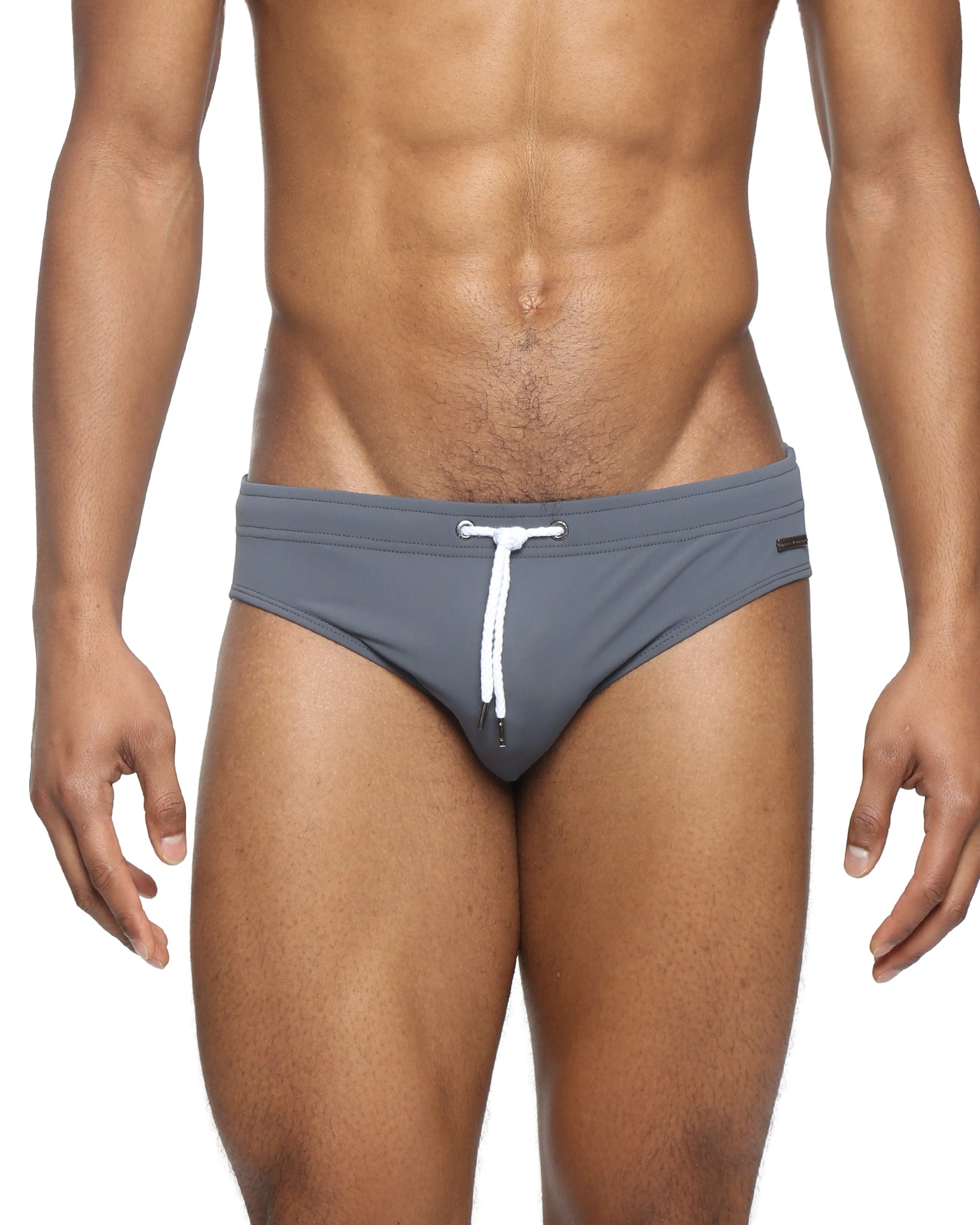 Parke & Ronen Grey Meridian Swim Brief - men's low-rise swim brief in grey, front view