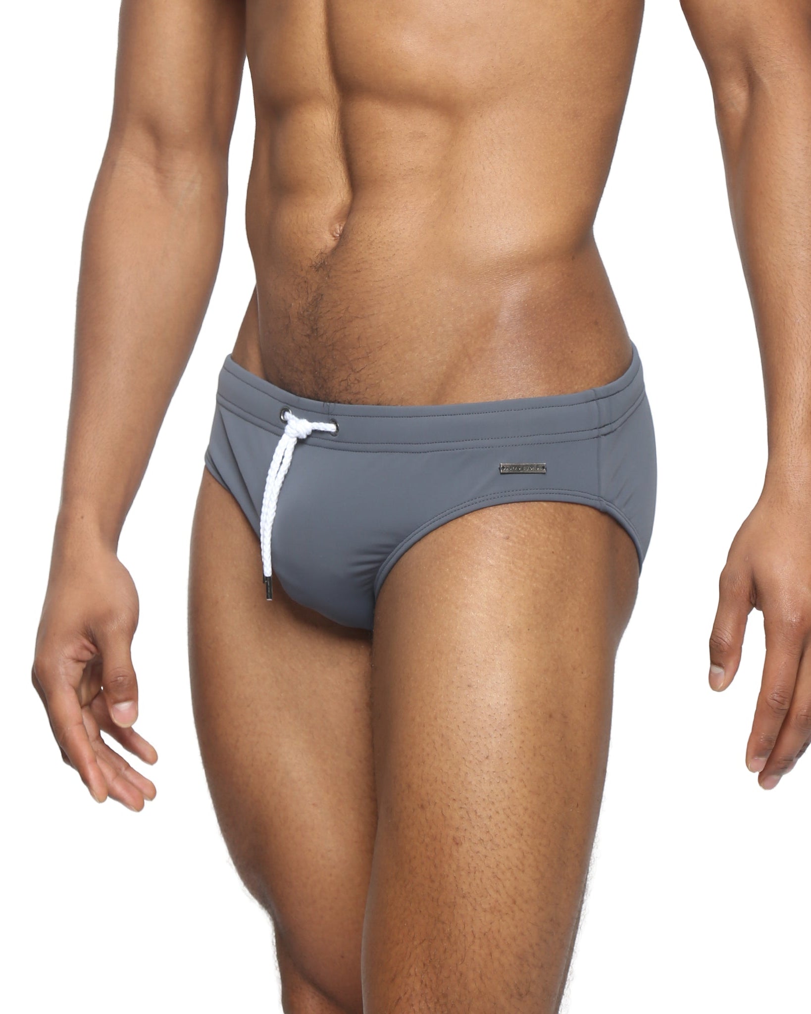 Parke & Ronen Grey Meridian Swim Brief - men's low-rise swim brief in grey, side view
