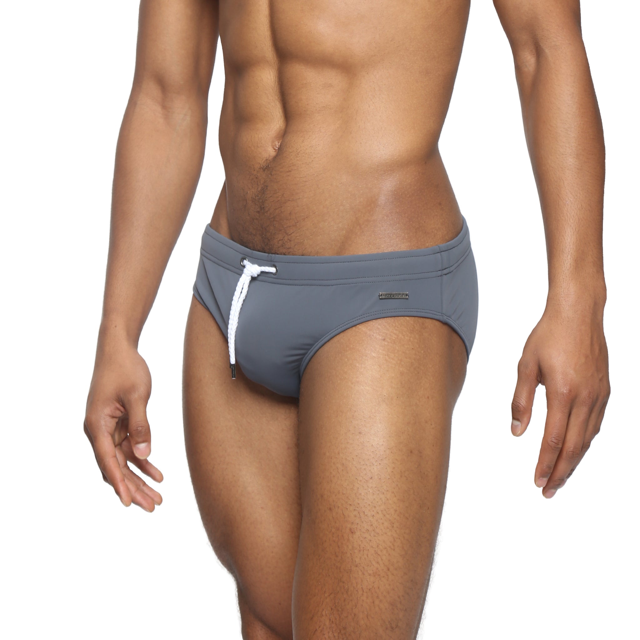 Parke & Ronen Grey Meridian Swim Brief - men's low-rise swim brief in grey, side view