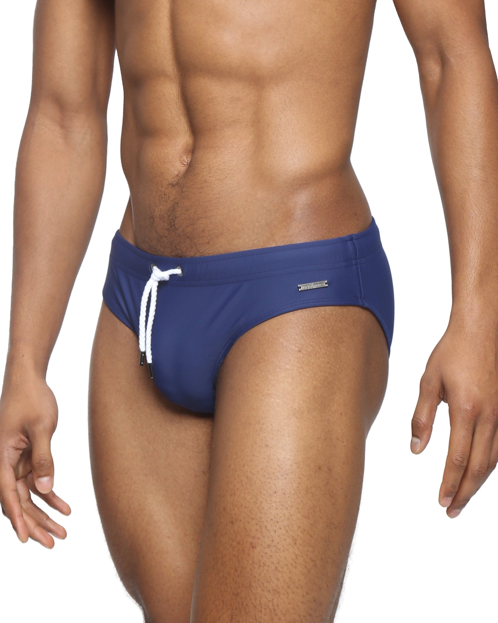 Parke & Ronen Navy Meridian Swim Brief - men's low-rise swim brief in navy, side view