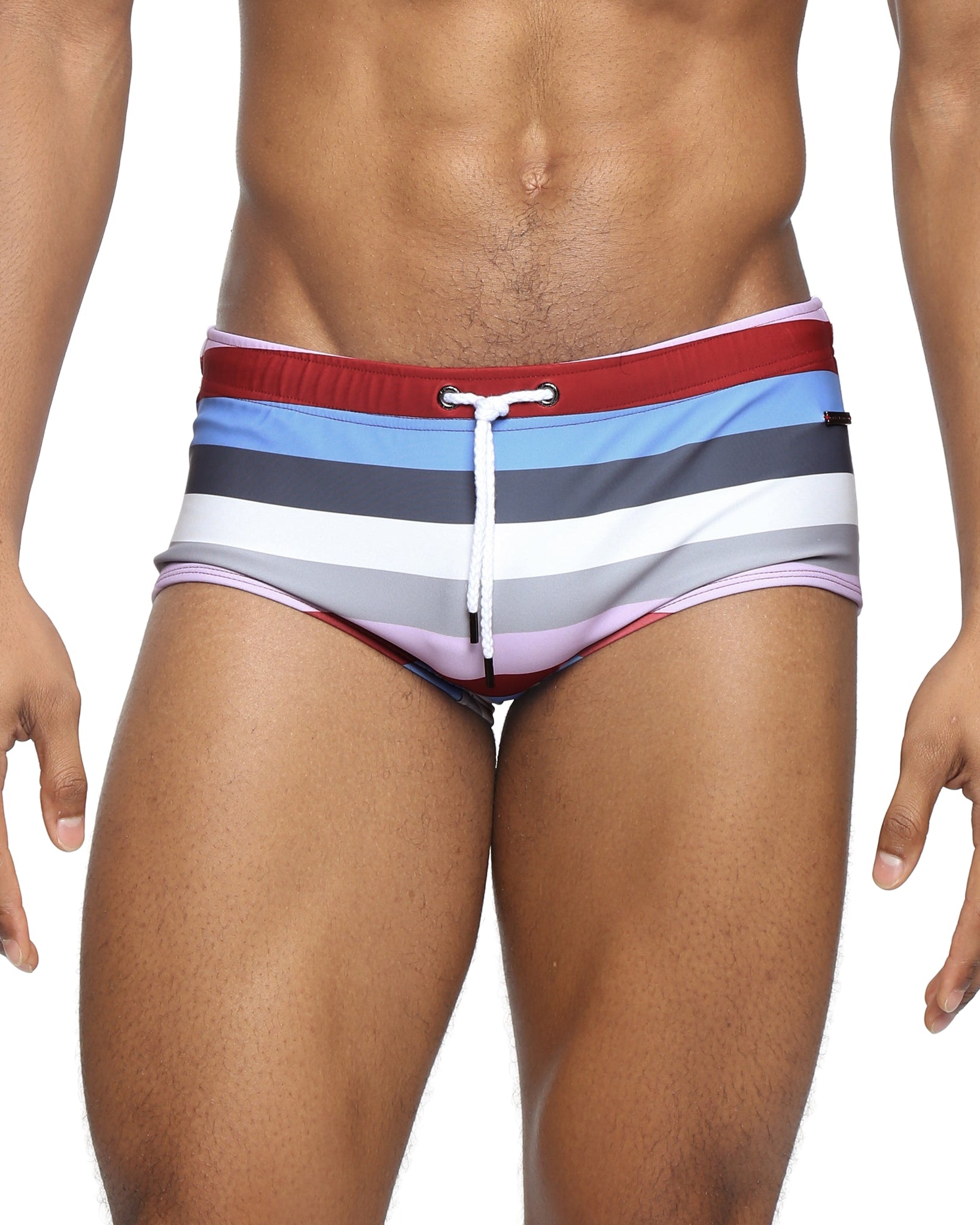 Parke & Ronen Maroon Ischia Corcovado Swim Brief - men's square-cut swim brief in maroon ischia, front view