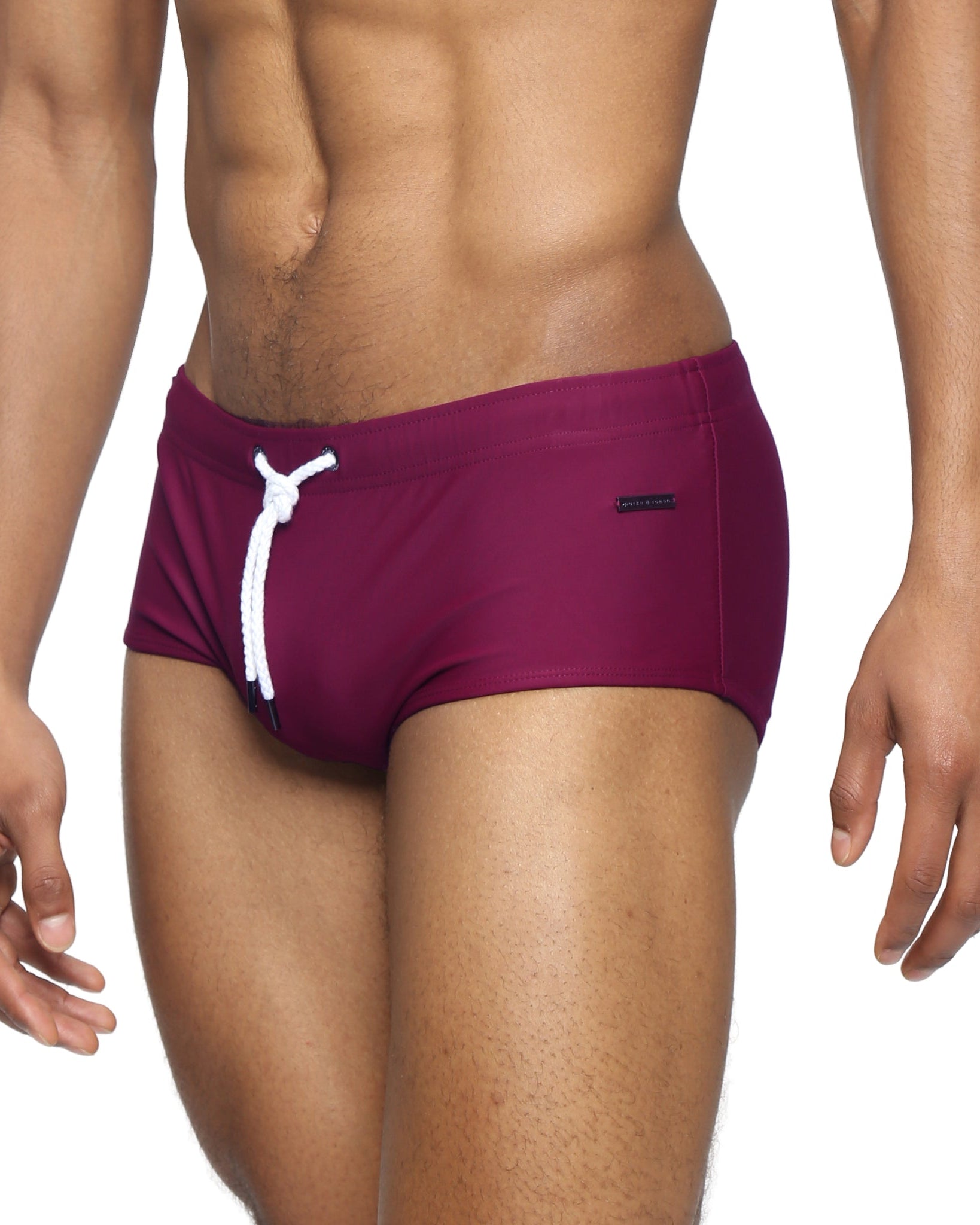 Parke & Ronen Garnet Corcovado Swim Brief - men's square-cut swim brief in garnet, side view