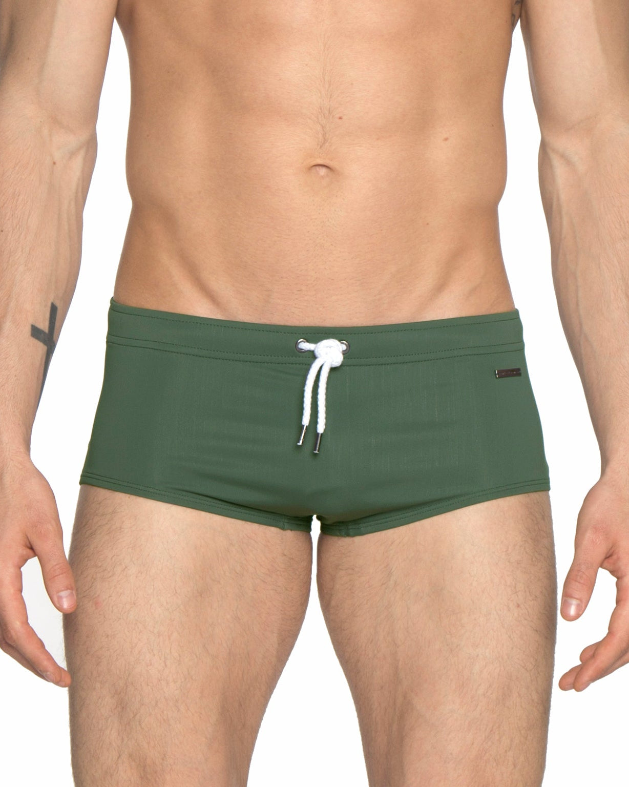 Parke & Ronen Army Green Corcovado Swim Brief - men's square-cut swim brief in army green, front view