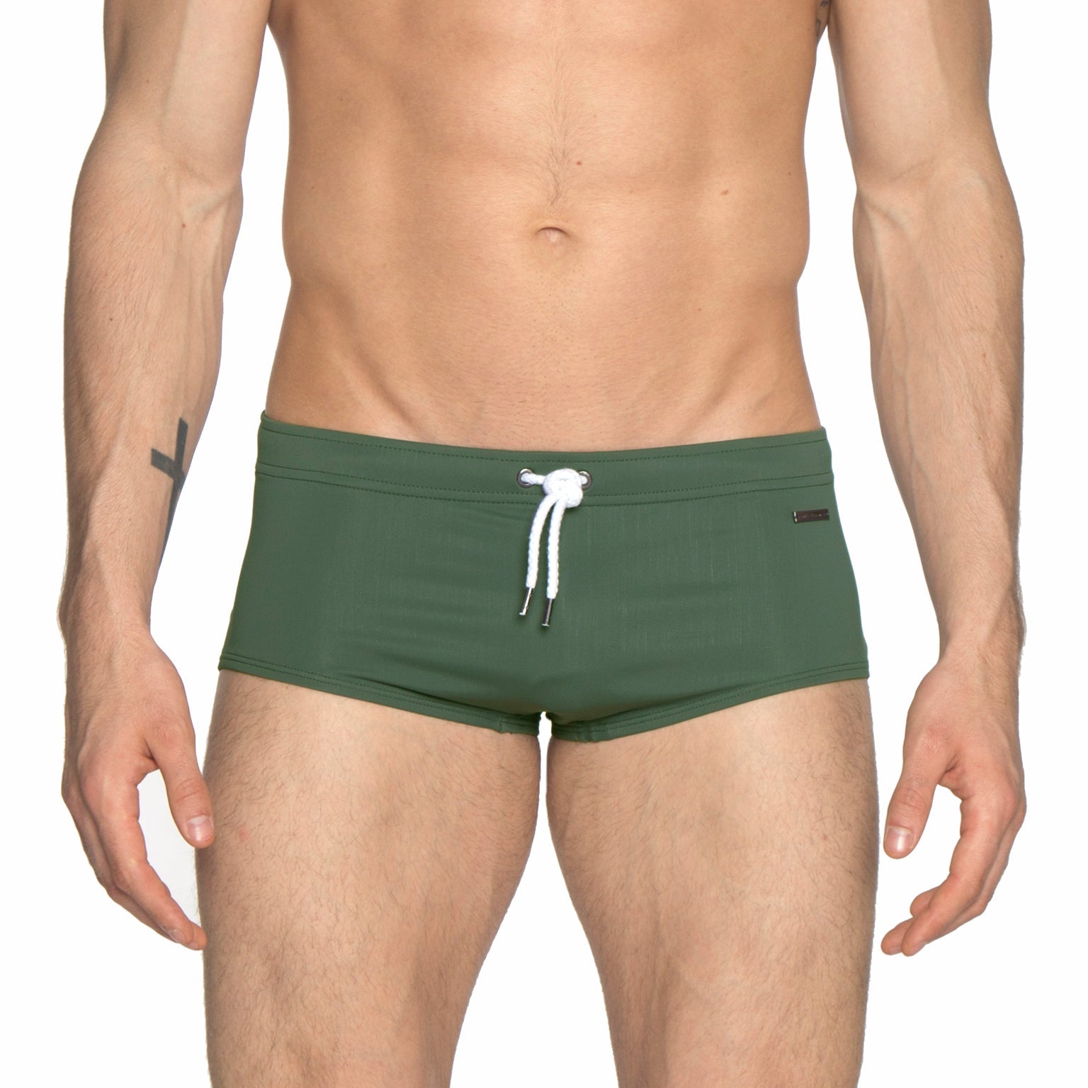 Parke & Ronen Army Green Corcovado Swim Brief - men's square-cut swim brief in army green, front view