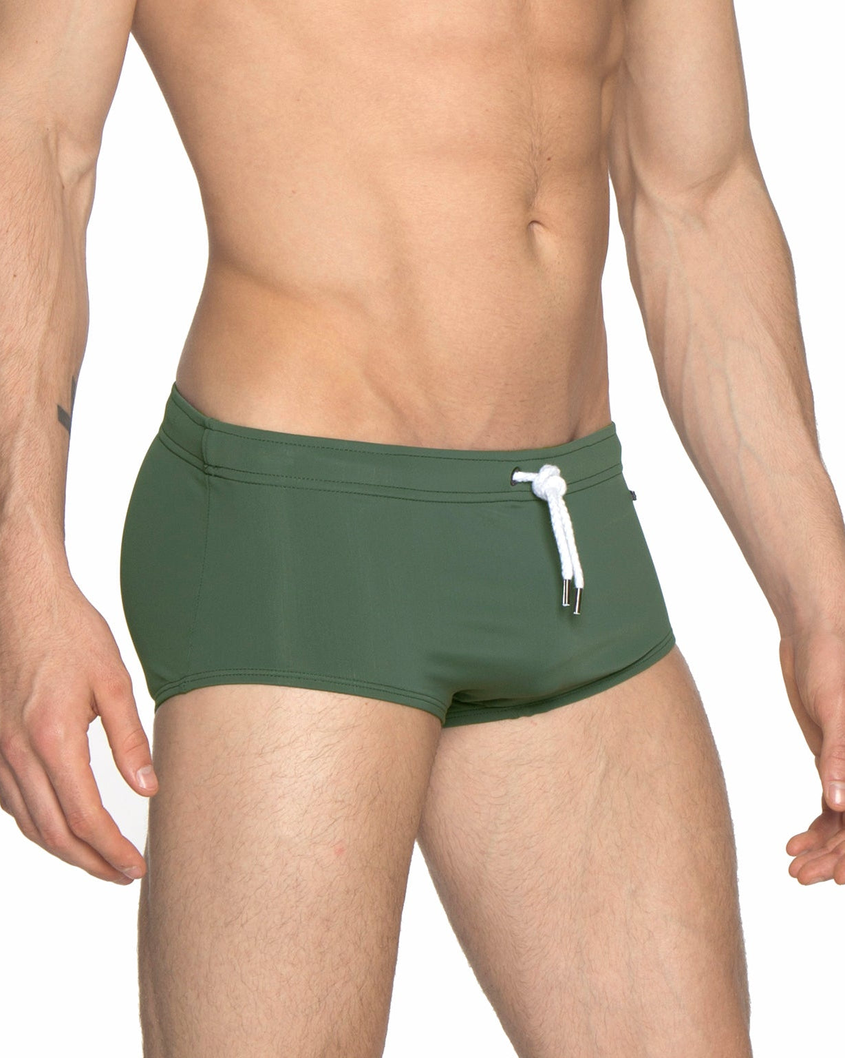 Parke & Ronen Army Green Corcovado Swim Brief - men's square-cut swim brief in army green, side view