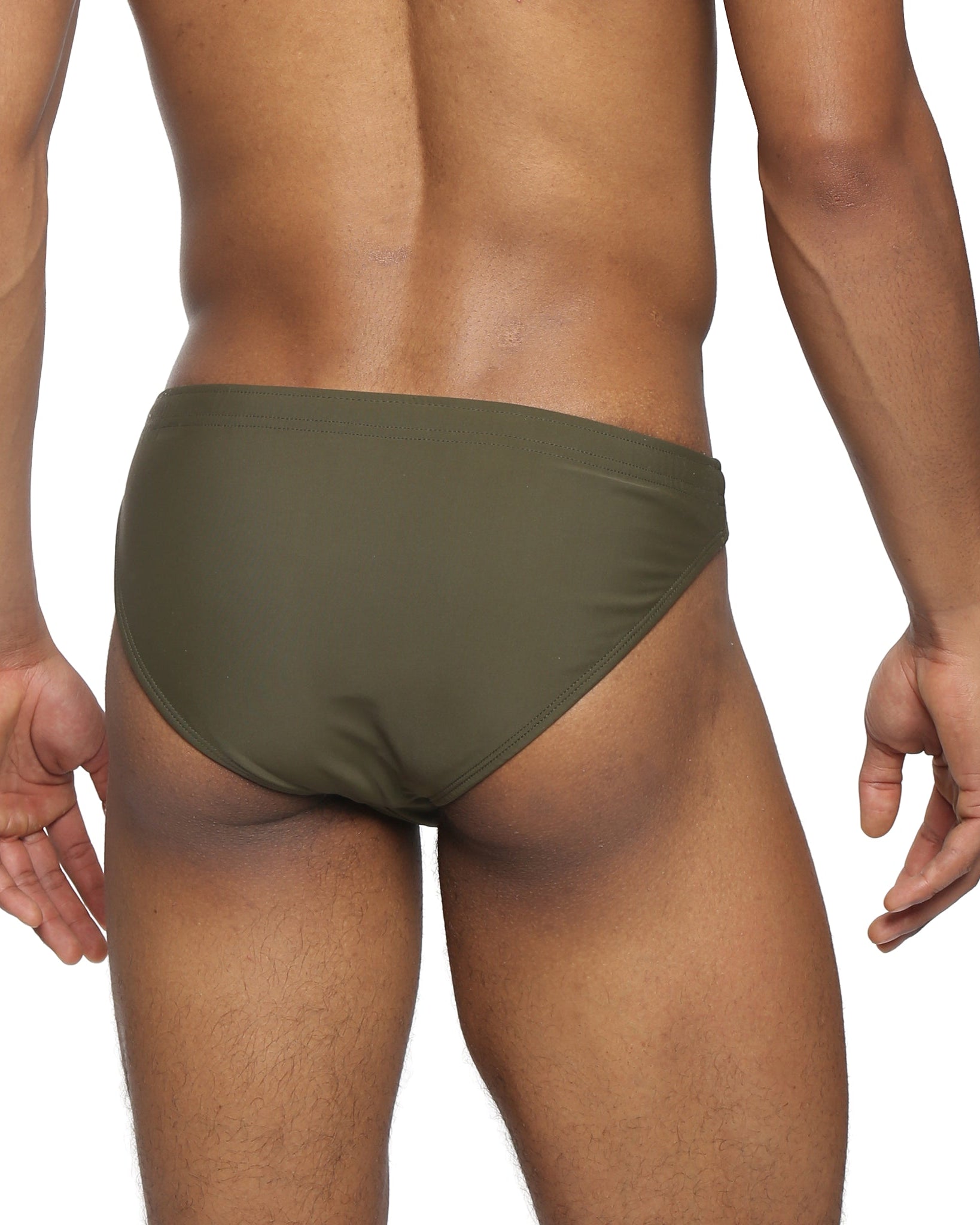 Parke & Ronen Army Green Blade Swim Brief - men's high-cut swim brief in army green, back view