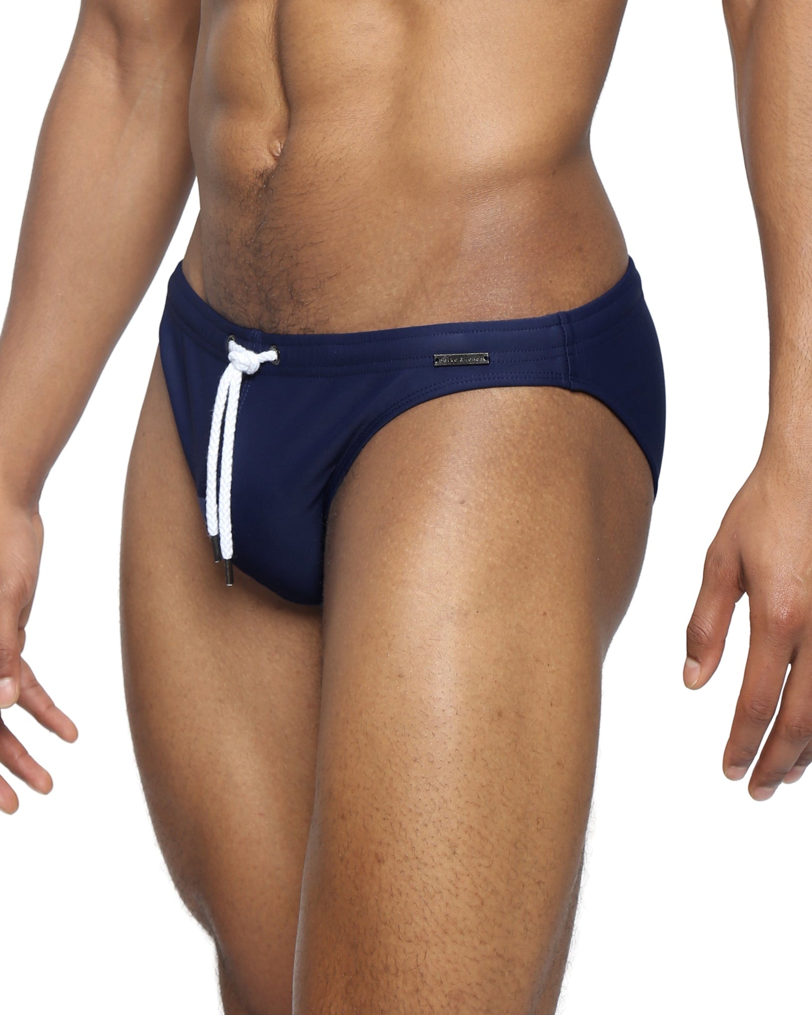 Parke & Ronen Navy Blade Swim Brief - men's high-cut swim brief in navy, side view