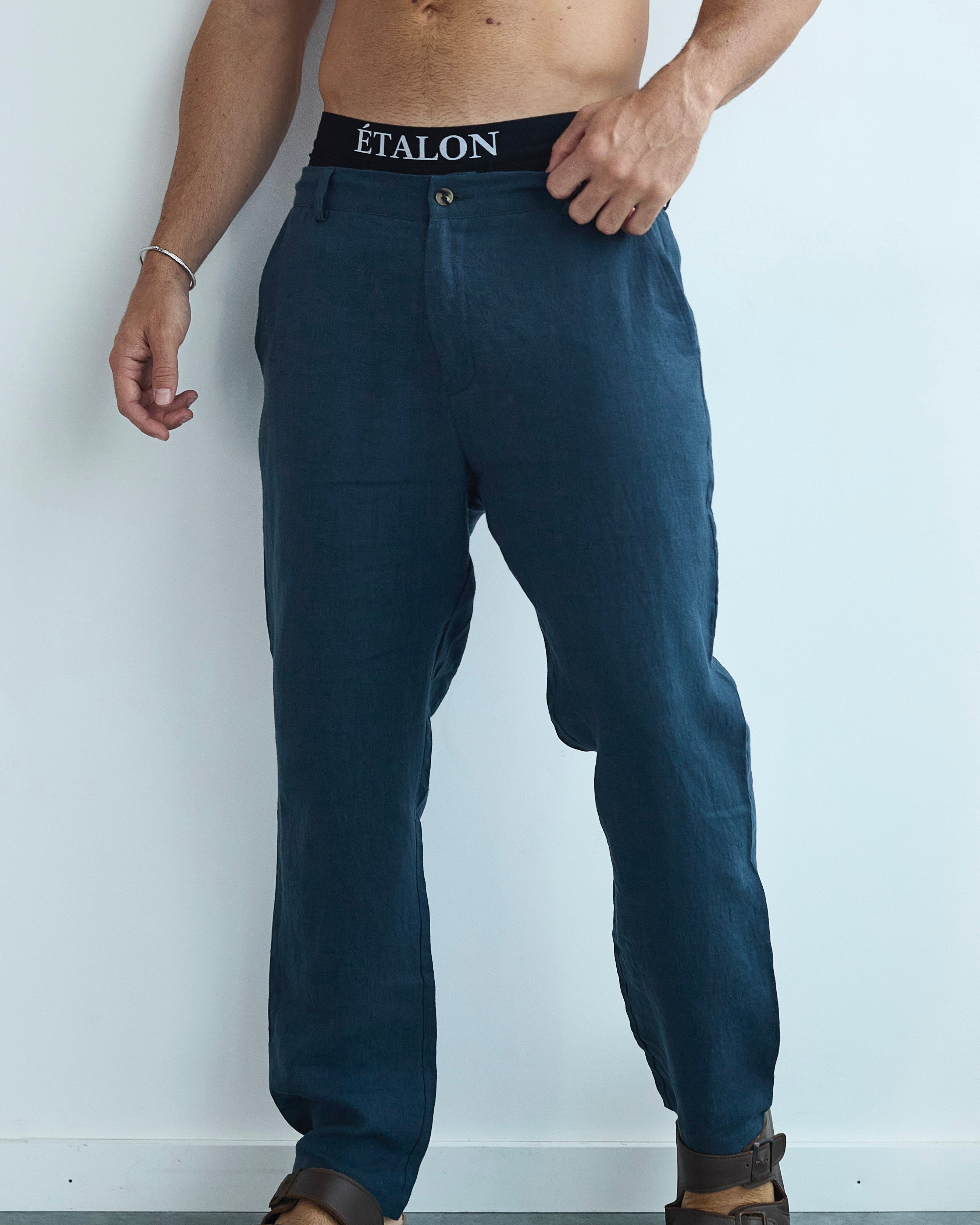 Etalon Perfect Blue Linen Pant - men's linen pants back pockets, side view