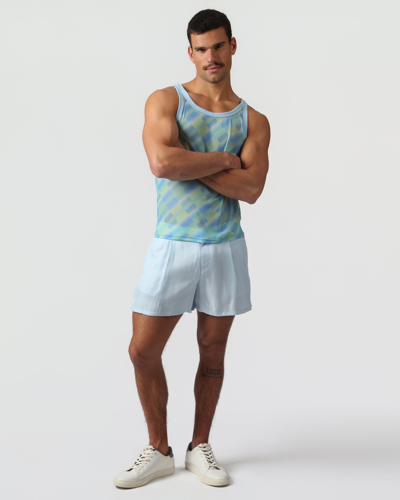 Parke & Ronen Azure Twilo Print Mesh Roxy Tank Azure — close-up of Twilo print mesh fabric