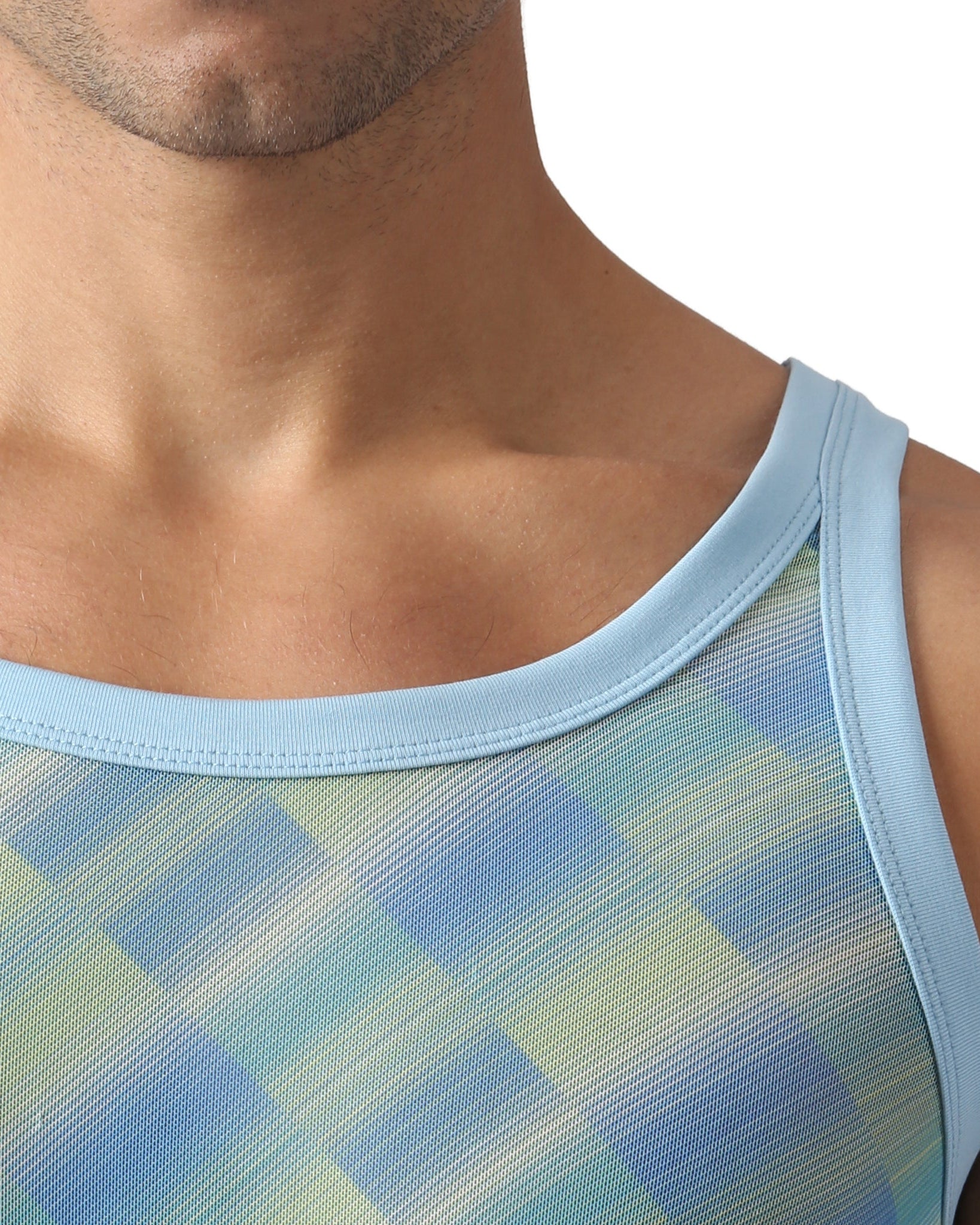 Parke & Ronen Azure Twilo Print Mesh Roxy Tank Azure — neckline and knit-trim detail