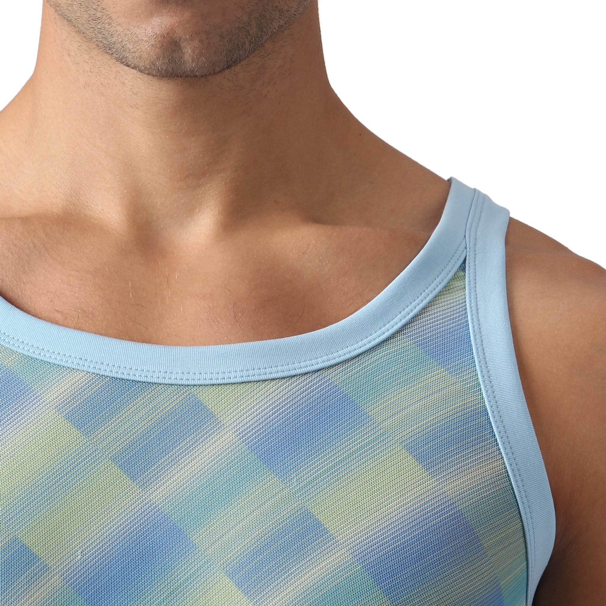 Parke & Ronen Azure Twilo Print Mesh Roxy Tank Azure — neckline and knit-trim detail