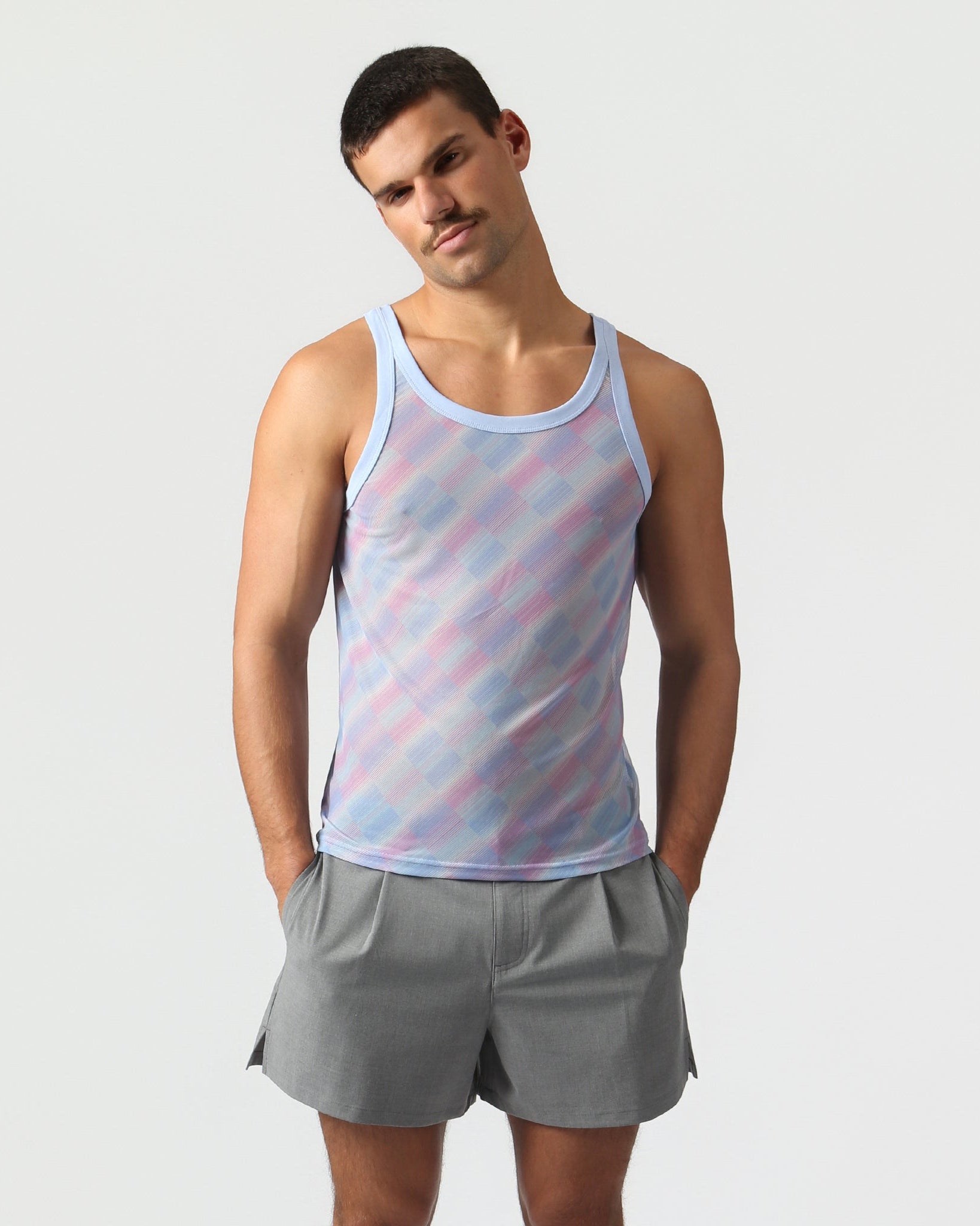 Parke & Ronen Lavender Twilo Print Mesh Roxy Tank Lavender — men's mesh tank on model, front view