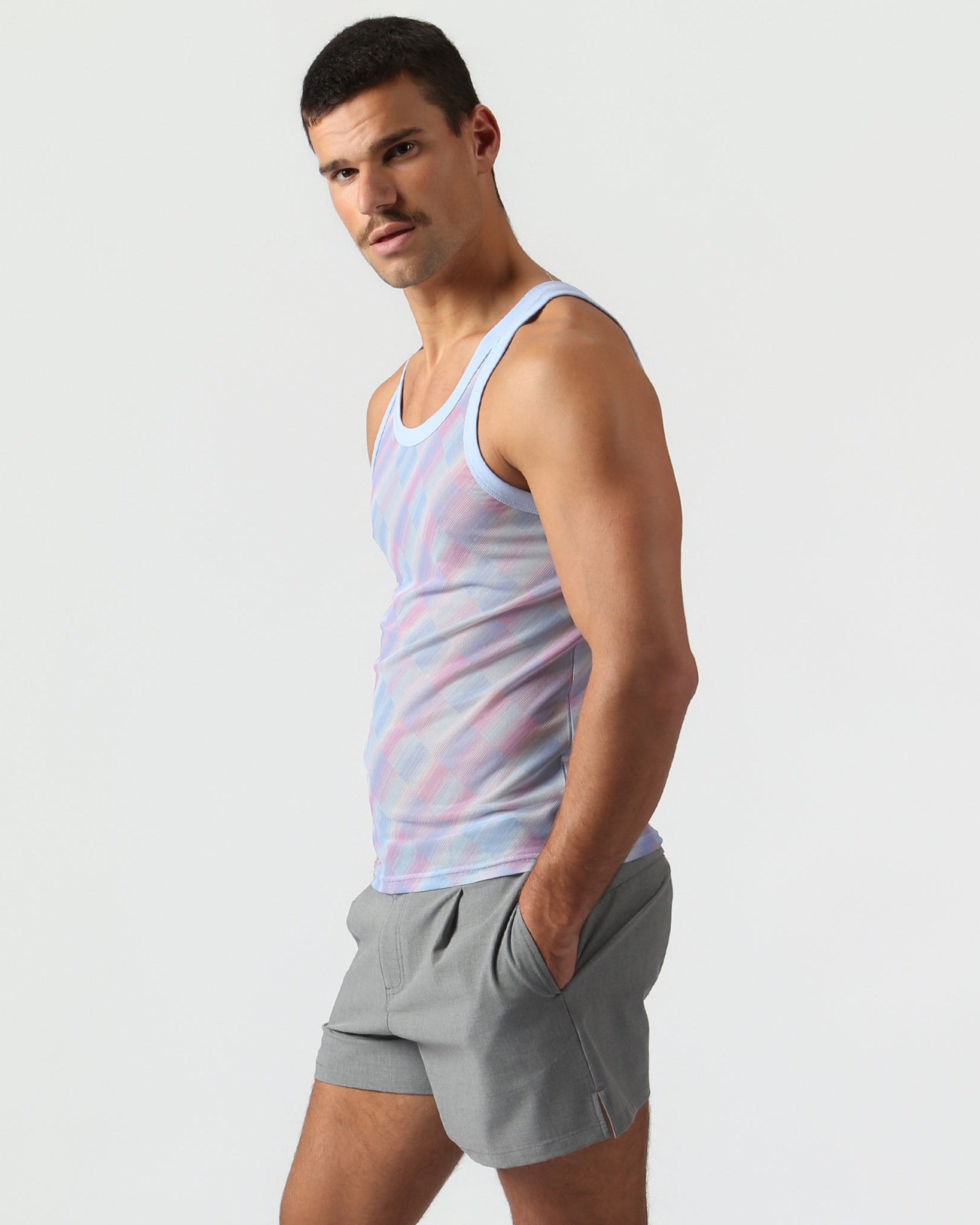 Parke & Ronen Lavender Twilo Print Mesh Roxy Tank Lavender — men's mesh Roxy tank on model, side view