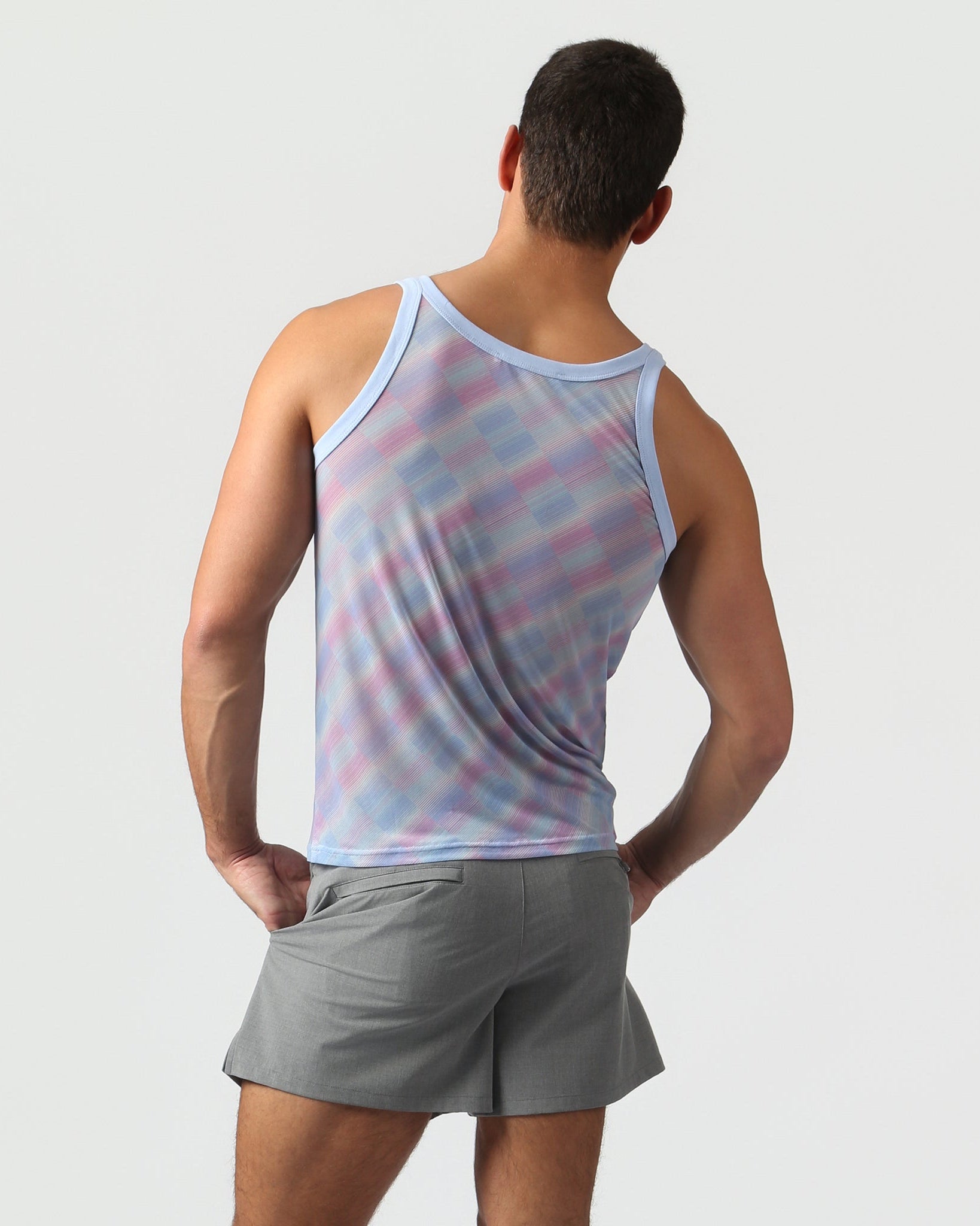 Parke & Ronen Lavender Twilo Print Mesh Roxy Tank Lavender — men's mesh Roxy tank on model, side view