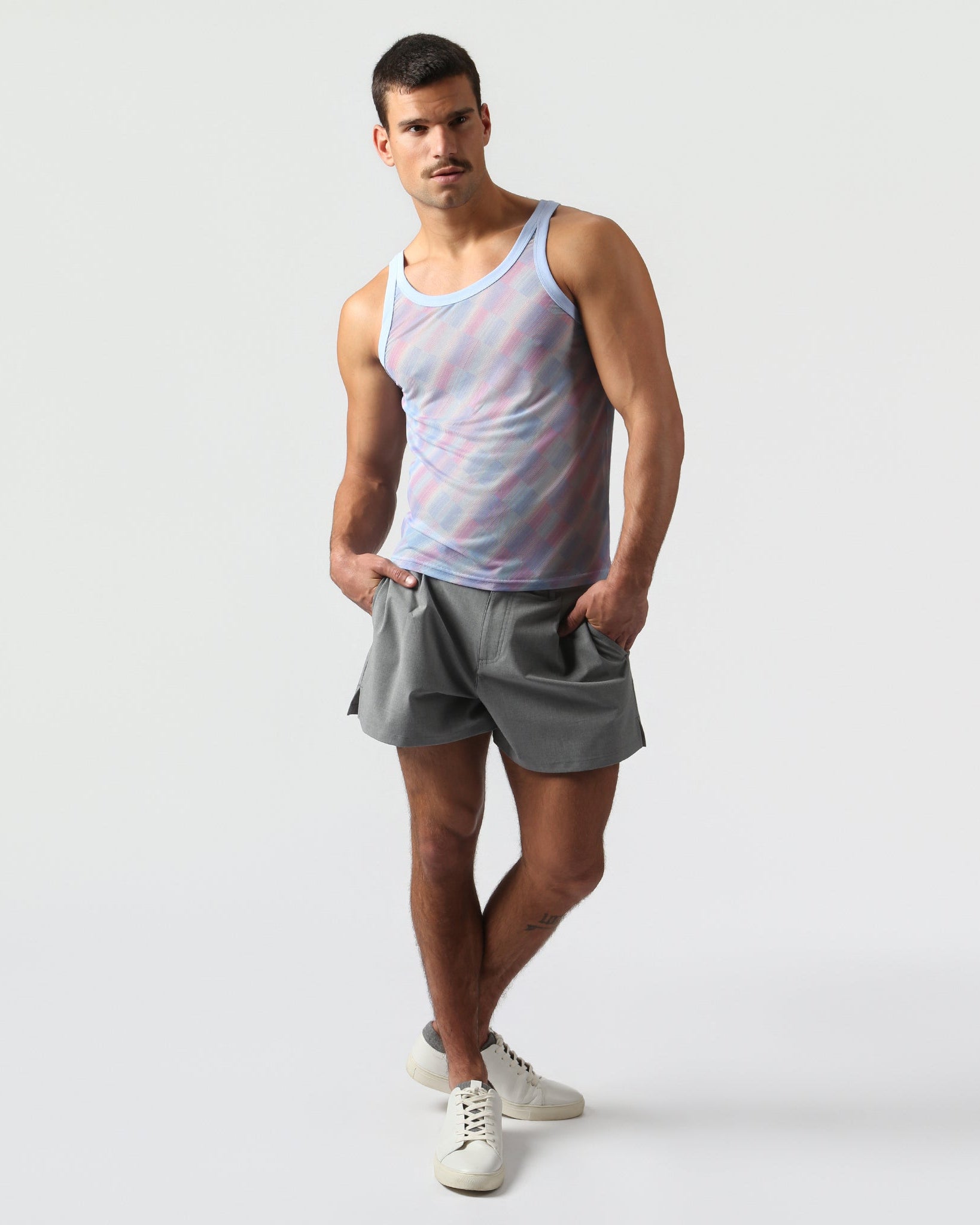 Parke & Ronen Lavender Twilo Print Mesh Roxy Tank Lavender — close-up of Twilo print mesh fabric