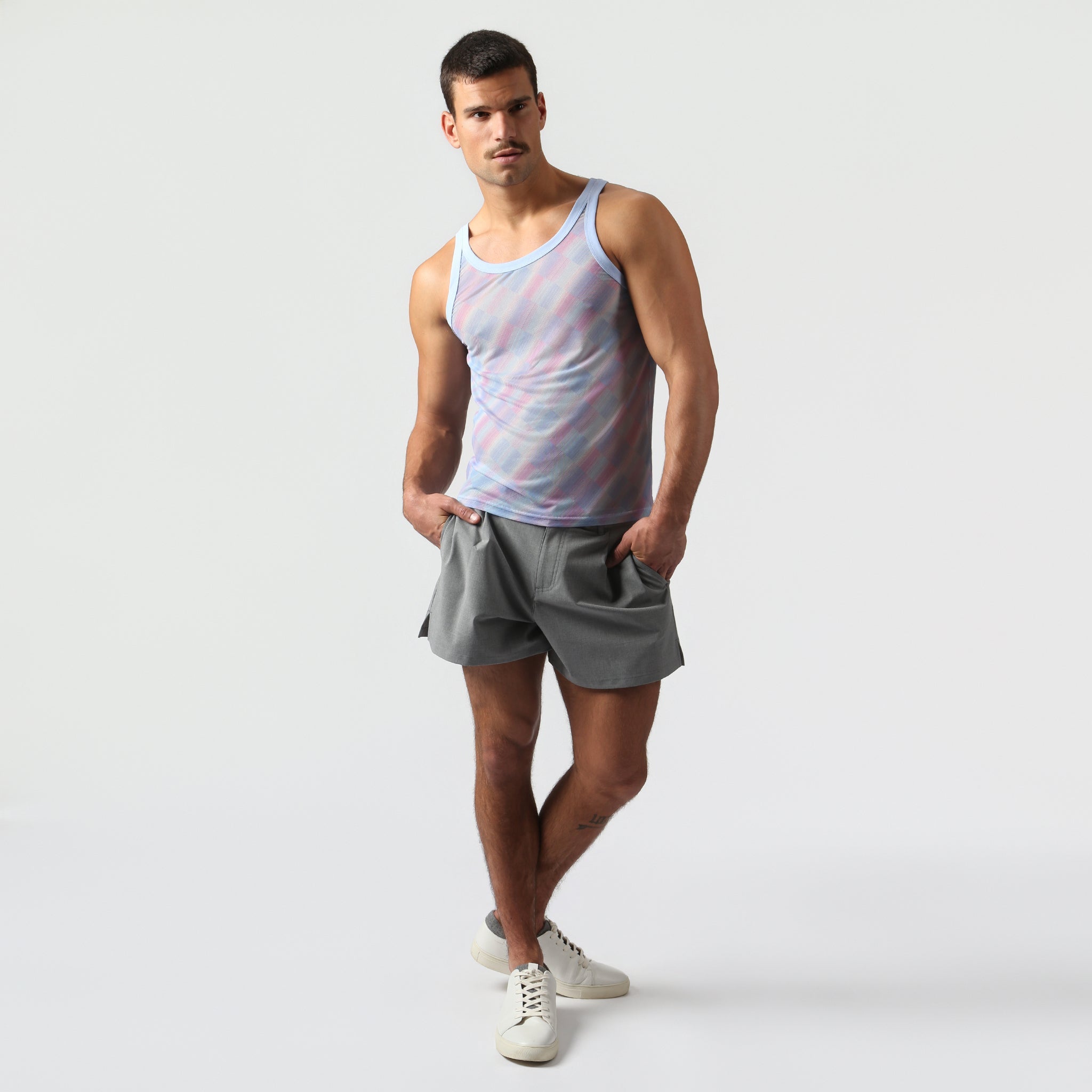 Parke & Ronen Lavender Twilo Print Mesh Roxy Tank Lavender — close-up of Twilo print mesh fabric