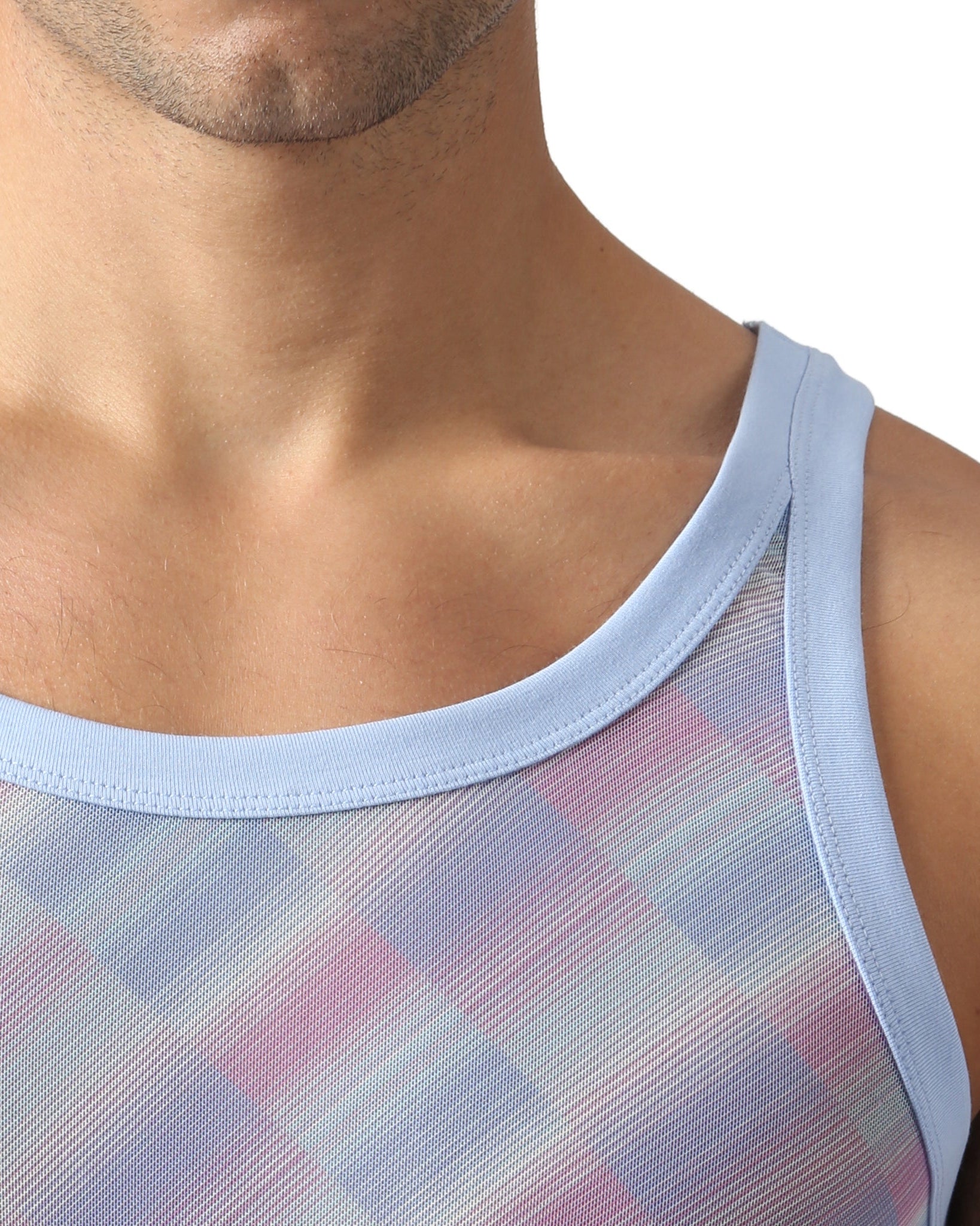 Parke & Ronen Lavender Twilo Print Mesh Roxy Tank Lavender — neckline and knit-trim detail