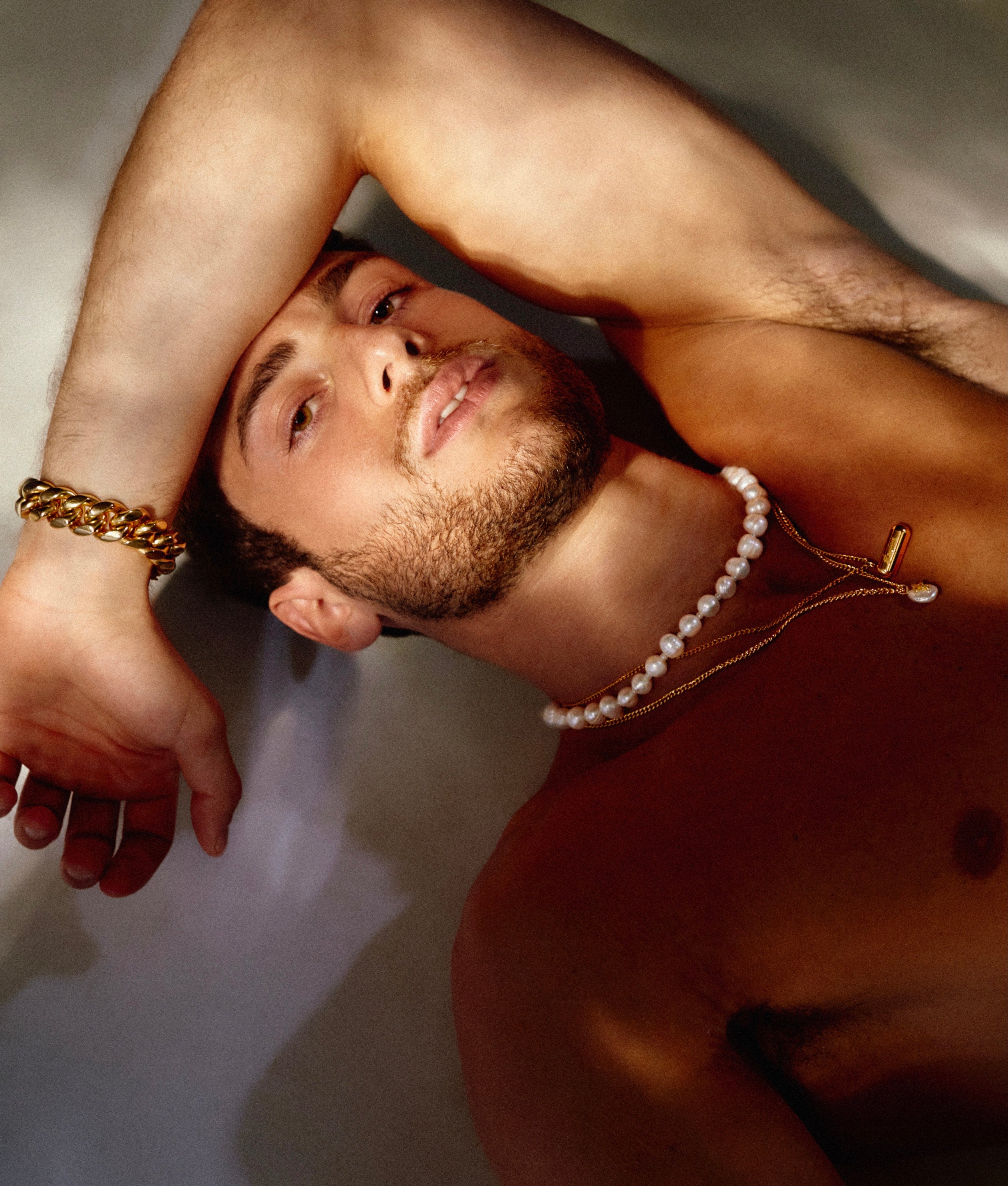 Etalon Pearl Choker - men's pearl choker worn on model, styled view