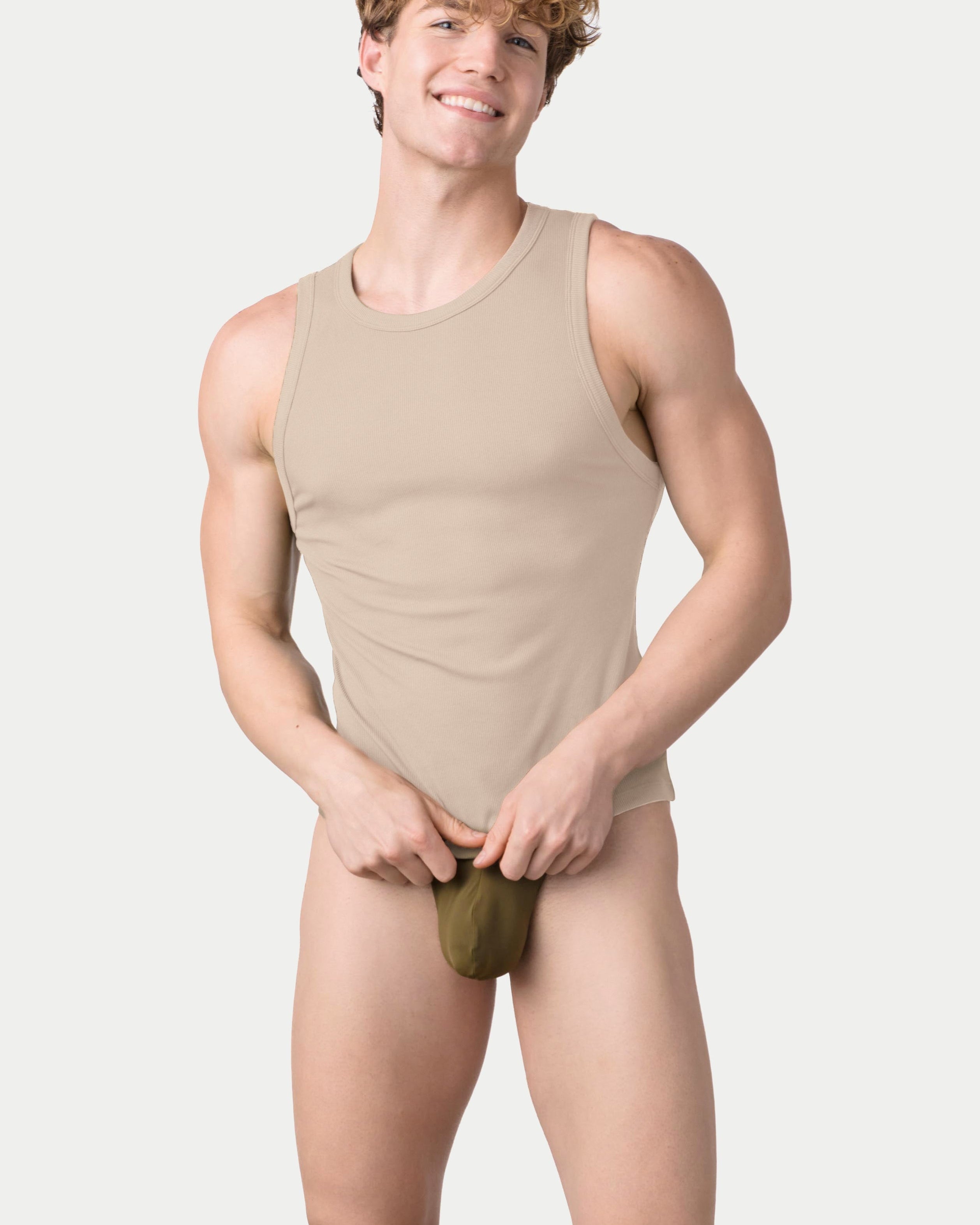 Awry Ribbed Tank Sand — men's cropped ribbed tank top, front view