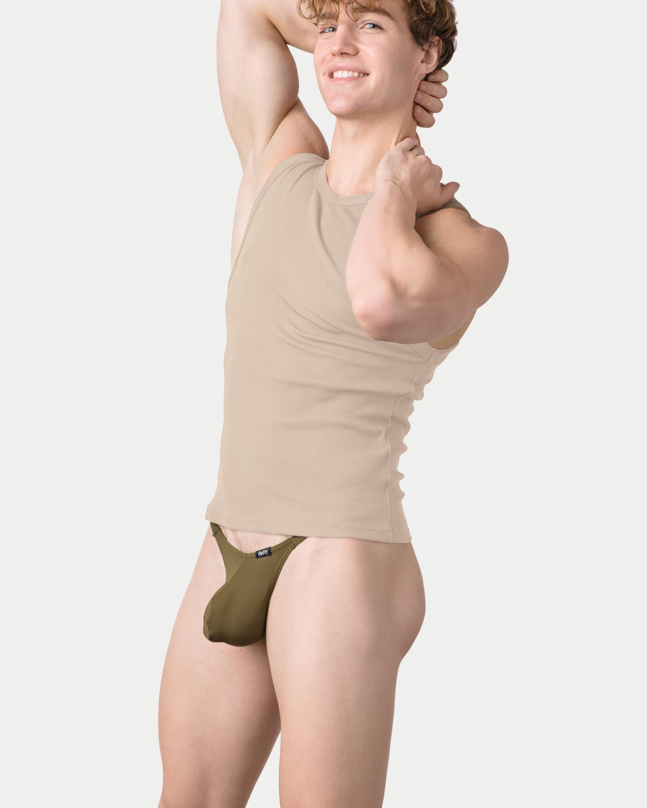 Awry Ribbed Tank Sand — men's ribbed tank top shown with matching styles, side view