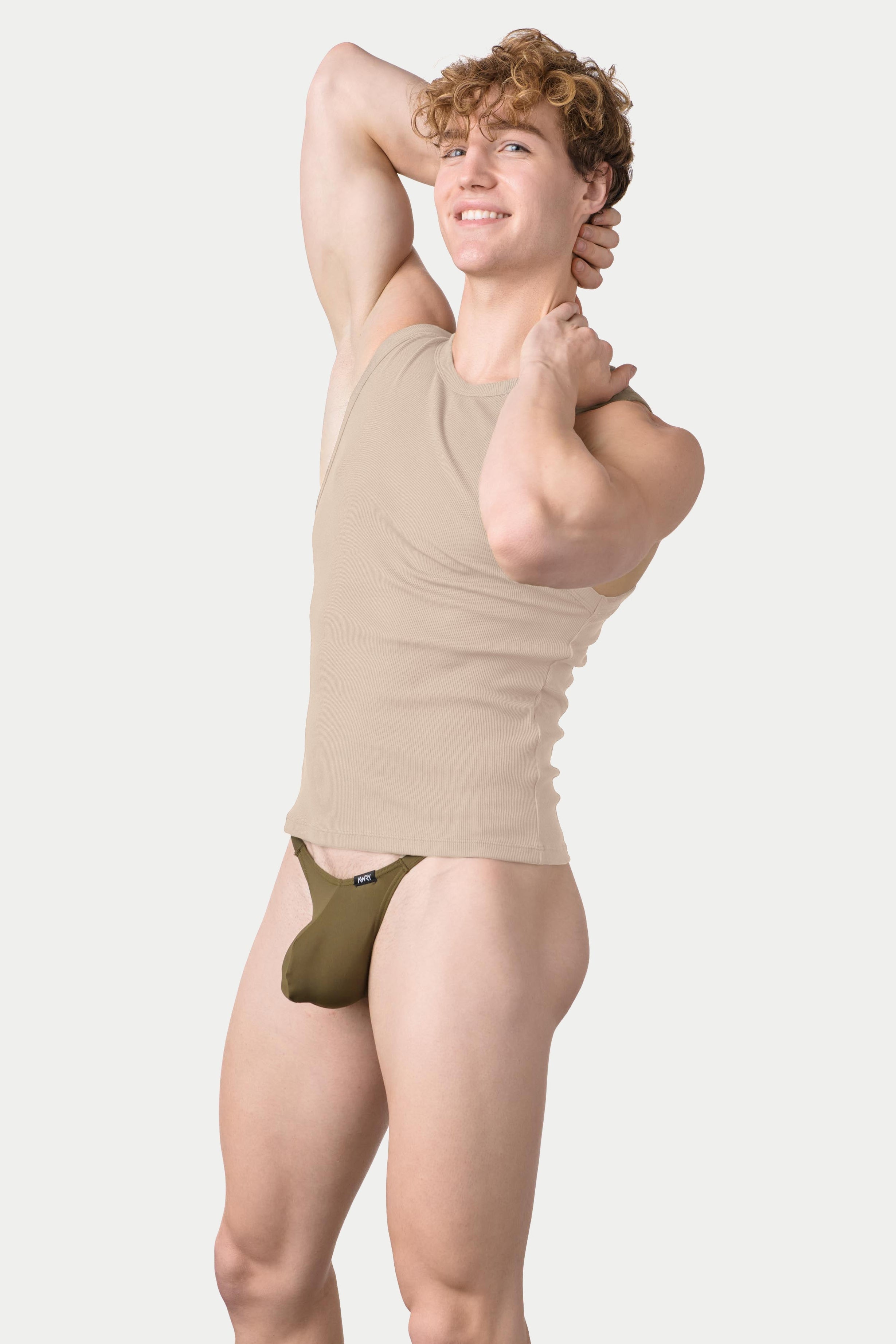 Awry Ribbed Tank Sand — men's ribbed tank top shown with matching styles, side view