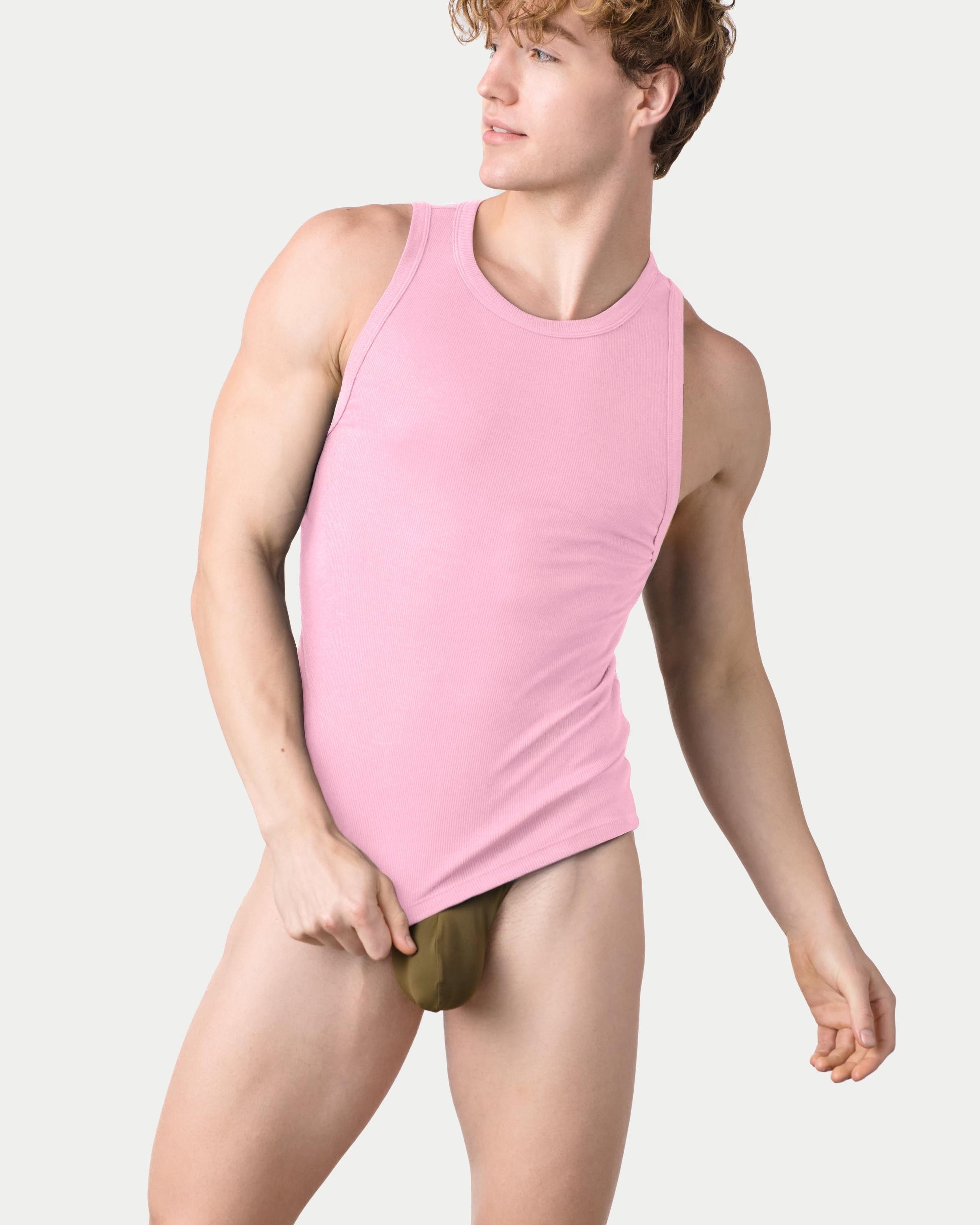 Awry Ribbed Tank Pink — men's cropped ribbed tank top, front view