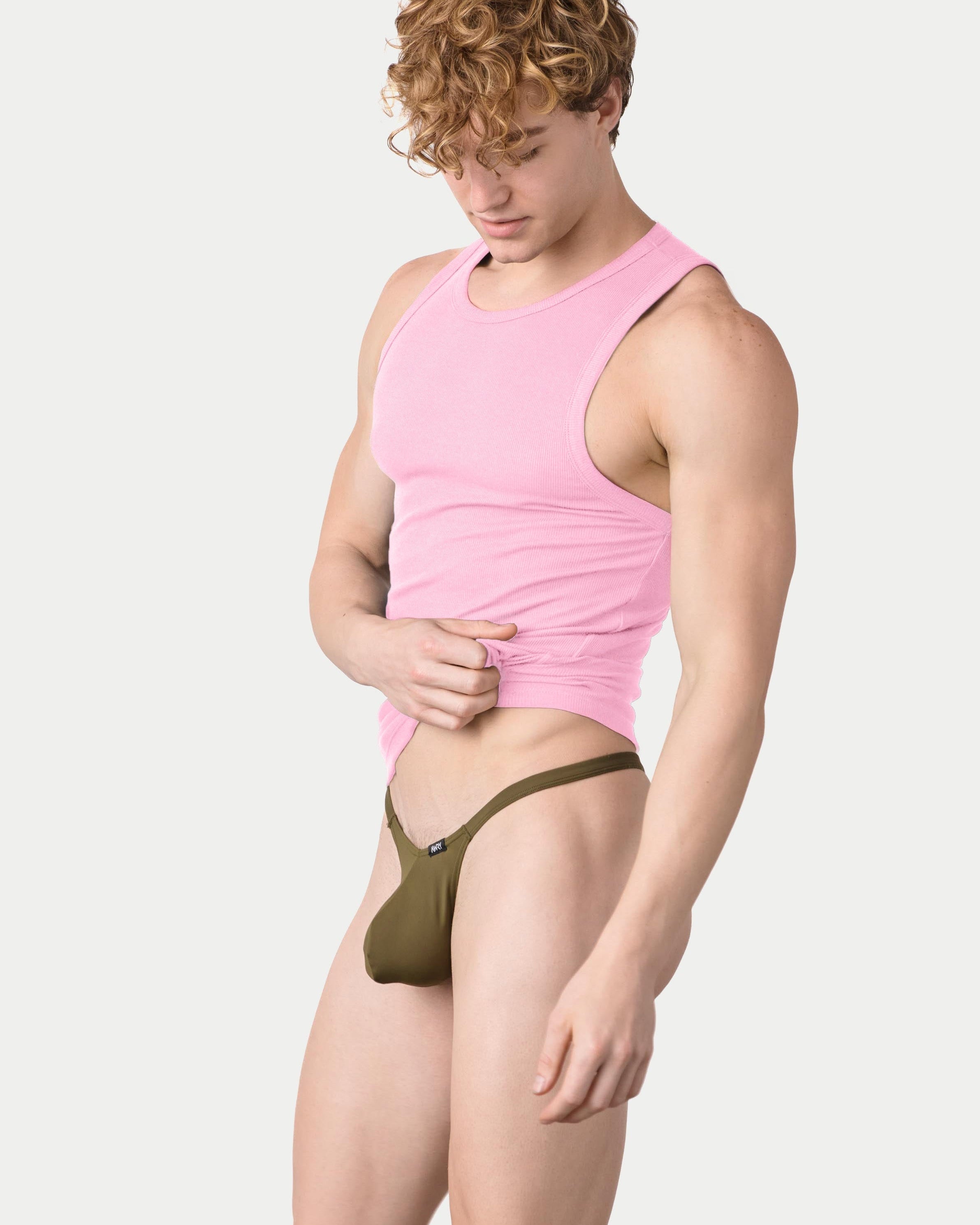 Awry Ribbed Tank Pink — men's ribbed tank top shown with matching styles, side view