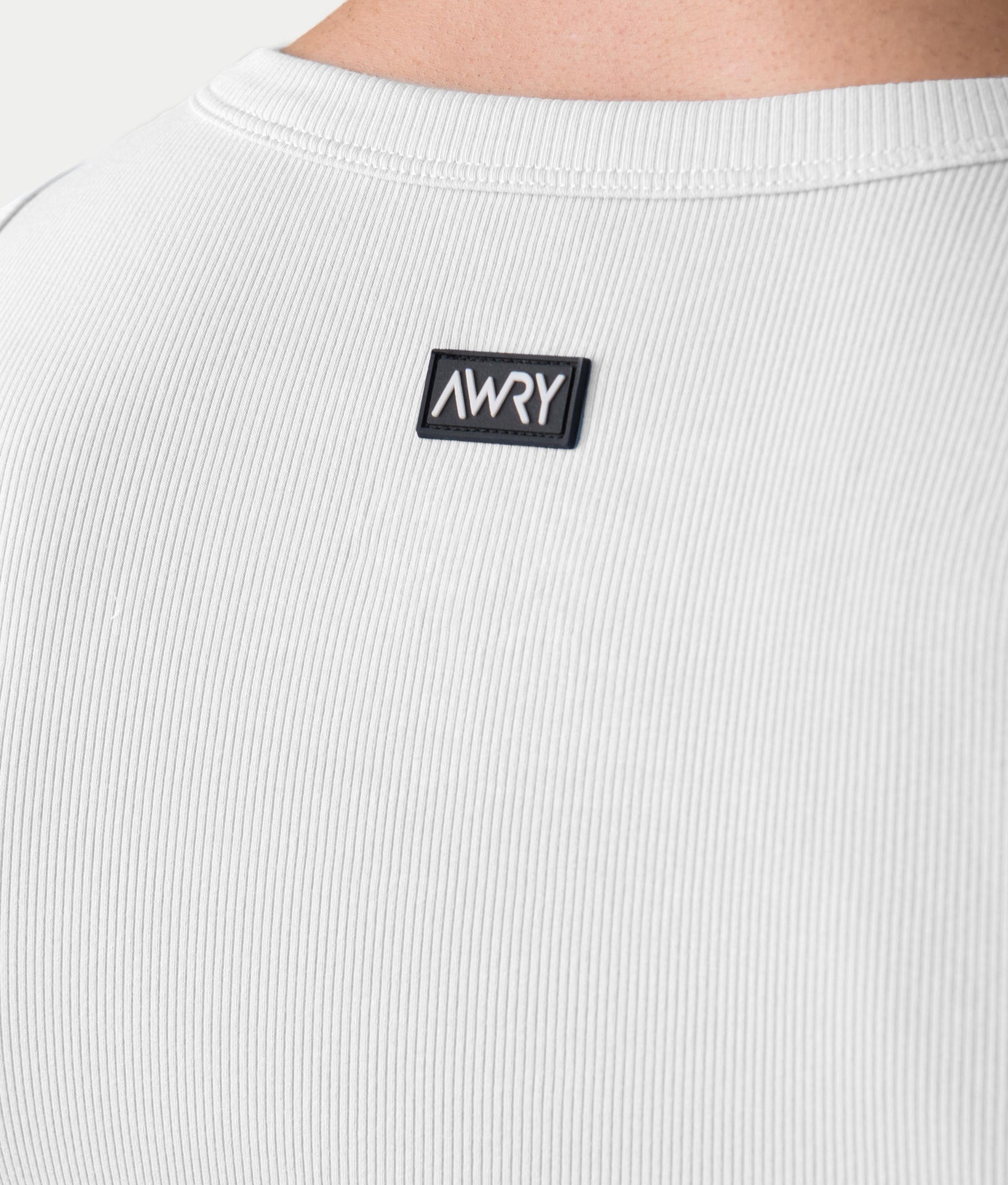 Awry Ribbed Tank White — men's fitted ribbed tank top, back view